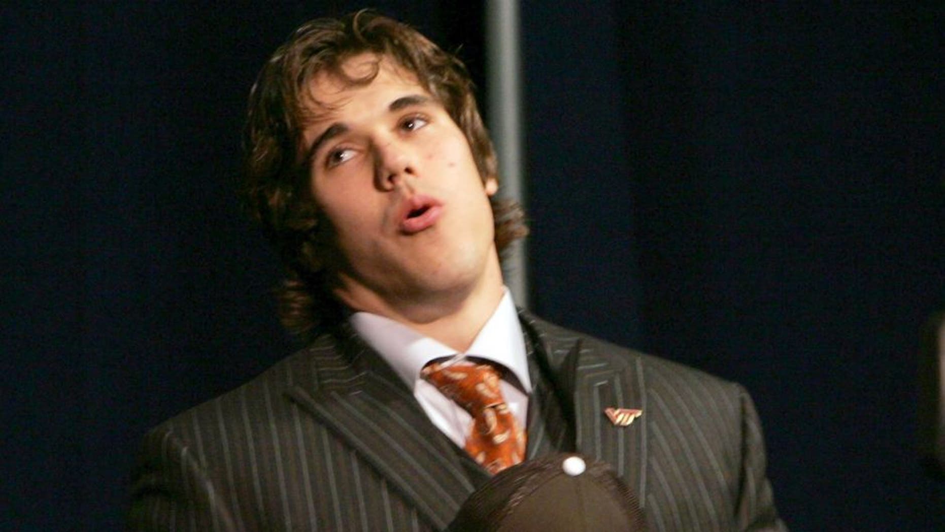 Former Notre Dame quarterback Brady Quinn breathes a sigh of relief after being selected wth the 22nd pick overall in the 2007 NFL Draft by the Cleveland Browns at the Radio City Music Hall, April 28, 2007. (Photo by Richard Schultz/Getty Images)