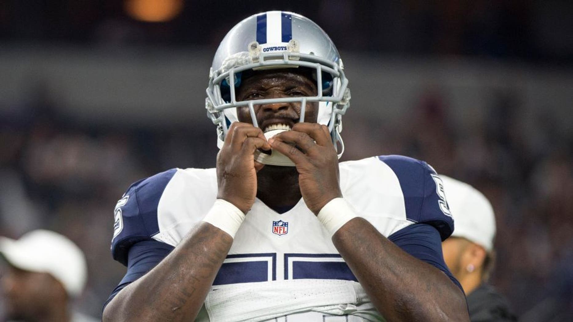 Nov 26, 2015; Arlington, TX, USA; Dallas Cowboys middle linebacker Rolando McClain (55) before the game against the Carolina Panthers game on Thanksgiving at AT&T Stadium. Mandatory Credit: Jerome Miron-USA TODAY Sports