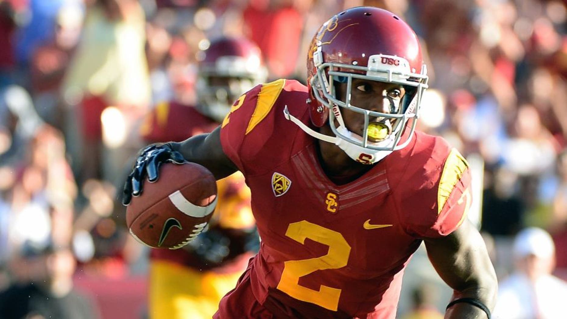 LOS ANGELES, CA - AUGUST 30: Adoree' Jackson #2 of the USC Trojans reacts after his touchodwn to take a 31-7 lead over the Fresno State Bulldogs during the second quarter at Los Angeles Memorial Coliseum on August 30, 2014 in Los Angeles, California. (Photo by Harry How/Getty Images) *** Local Caption *** Adoree' Jackson