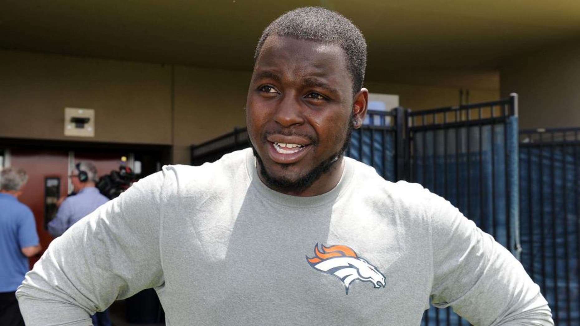 June 9, 2015; Englewood, CO, USA; Denver Broncos running back Montee Ball (28) following mini camp activities at the Broncos training facility. Mandatory Credit: Ron Chenoy-USA TODAY Sports