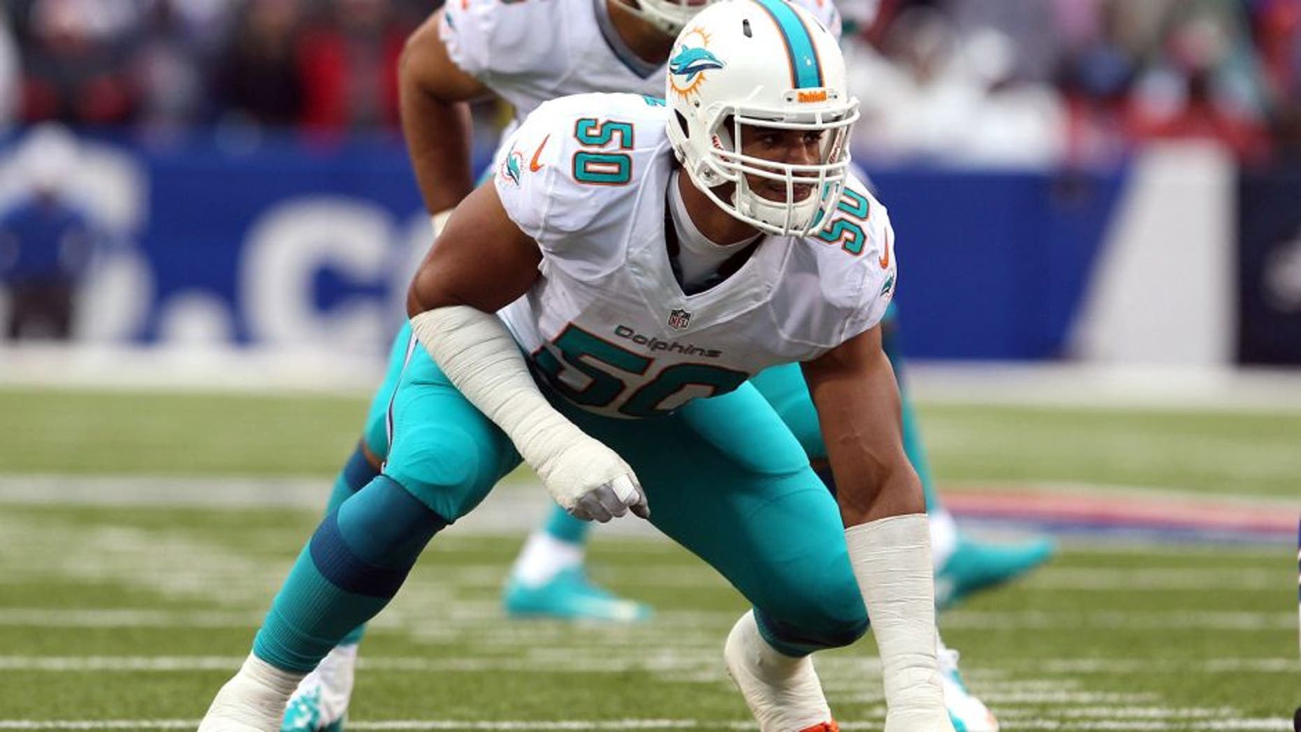 Dec 22, 2013; Orchard Park, NY, USA; Miami Dolphins defensive end Olivier Vernon (50) waits for the snap against the Buffalo Bills at Ralph Wilson Stadium. Mandatory Credit: Timothy T. Ludwig-USA TODAY Sports