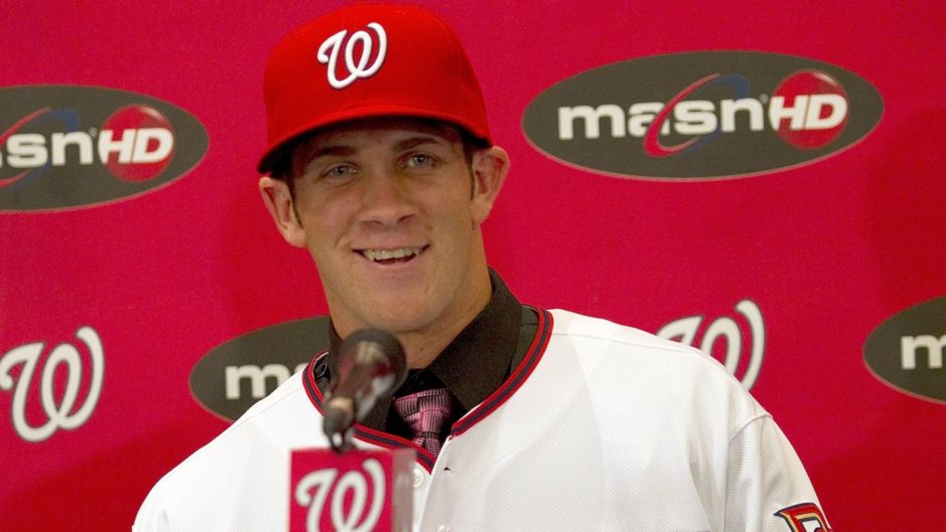 Bryce Harper, the Washington Nationals' No. 1 overall draft pick, talks to the media during a press conference at Nationals Park in Washington, D.C., Thursday, August 26, 2010. (Harry E. Walker/MCT)