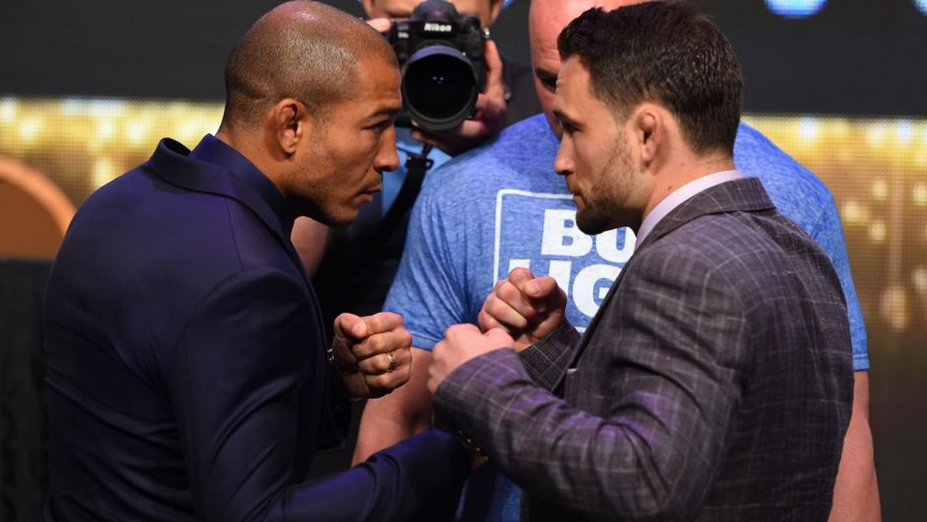 LAS VEGAS, NV - APRIL 20: (L-R) Opponents Jose Aldo of Brazil and Frankie Edgar face off during the UFC 200 press conference at the MGM Grand Garden Arena on April 20, 2016 in Las Vegas, Nevada. (Photo by Josh Hedges/Zuffa LLC/Zuffa LLC via Getty Images)