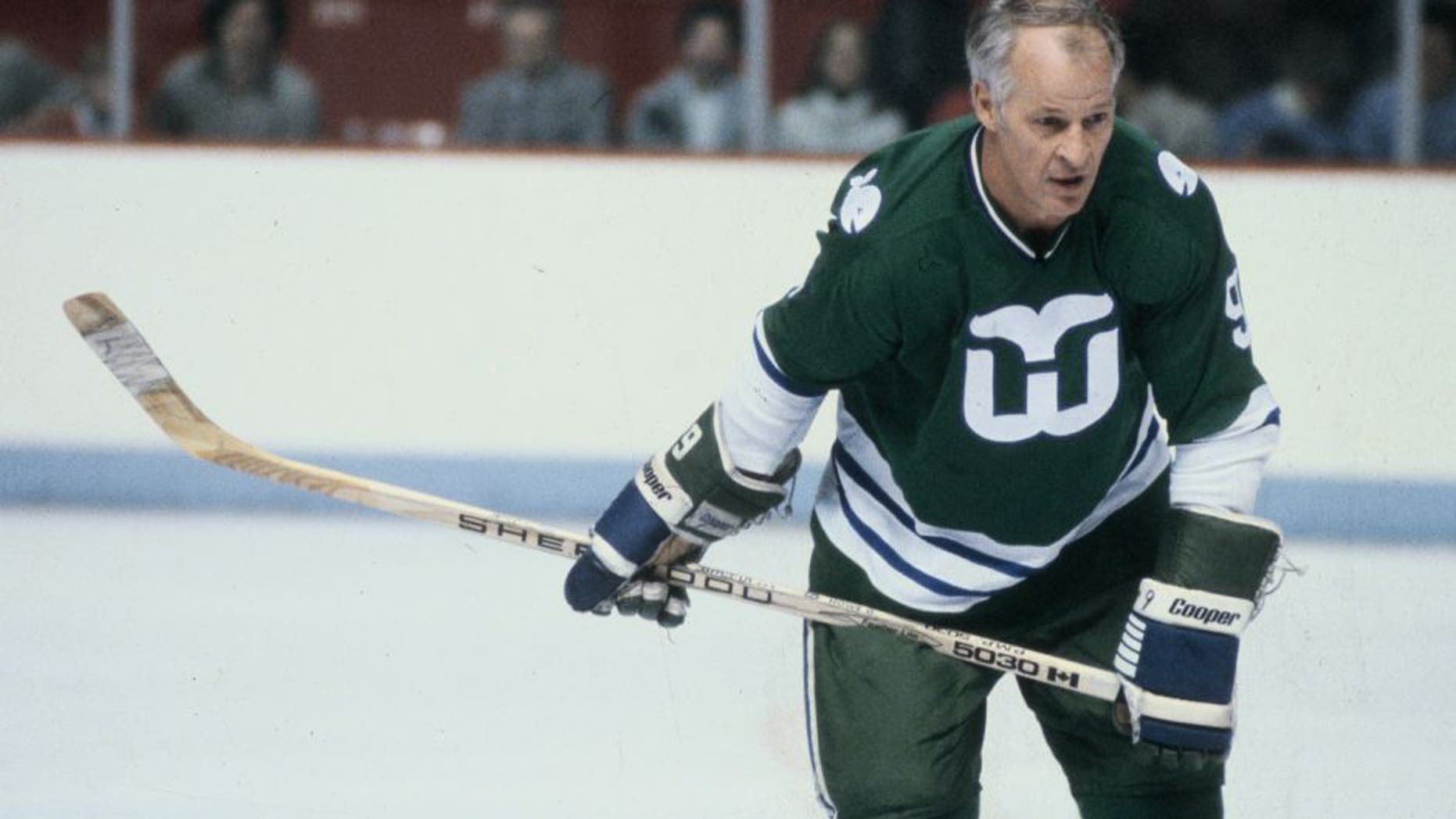 MONTREAL - 1980: Gordie Howe #9 of the Hartford Whalers looks on against the Montreal Canadiens in the 1980's at the Montreal Forum in Montreal, Quebec, Canada. (Photo by Denis Brodeur/NHLI via Getty Images)