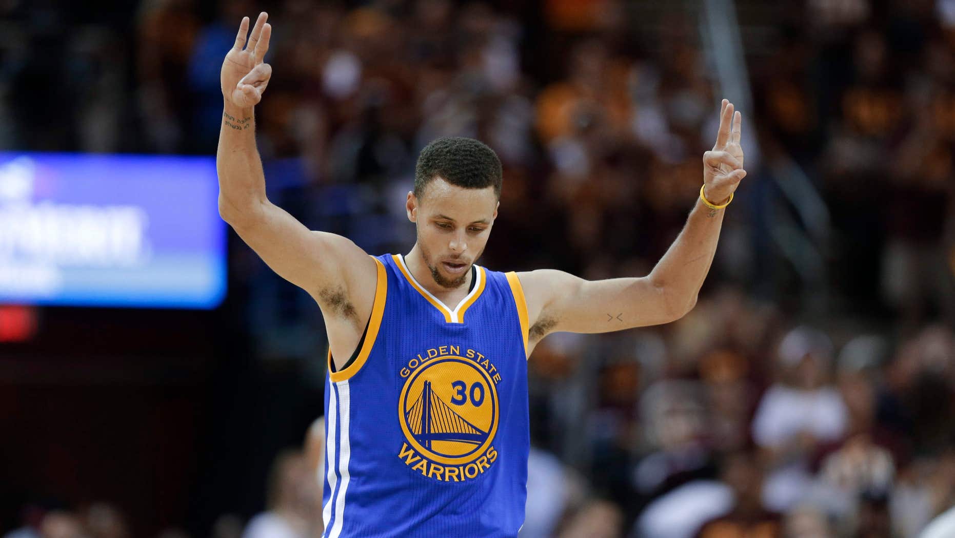 June 10, 2016: Golden State Warriors guard Stephen Curry celebrates a basket against the Cleveland Cavaliers during the second half of Game 4 of basketball's NBA Finals in Cleveland.