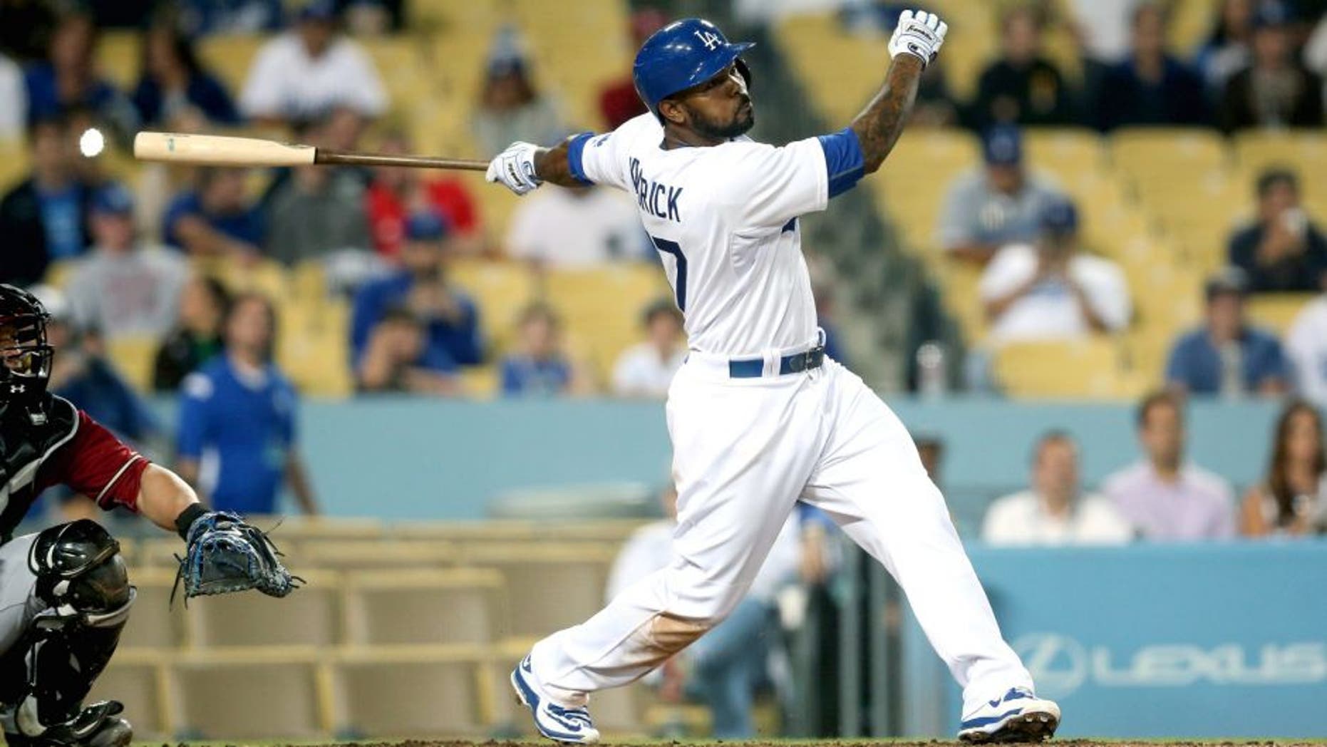 LOS ANGELES, CA - JUNE 10: Howie Kendrick #47 of the Los Angeles Dodgers hits a walk off single in the ninth inning against the Arizona Diamondbacks at Dodger Stadium on June 10, 2015 in Los Angeles, California. The Dodgers won 7-6. (Photo by Stephen Dunn/Getty Images)