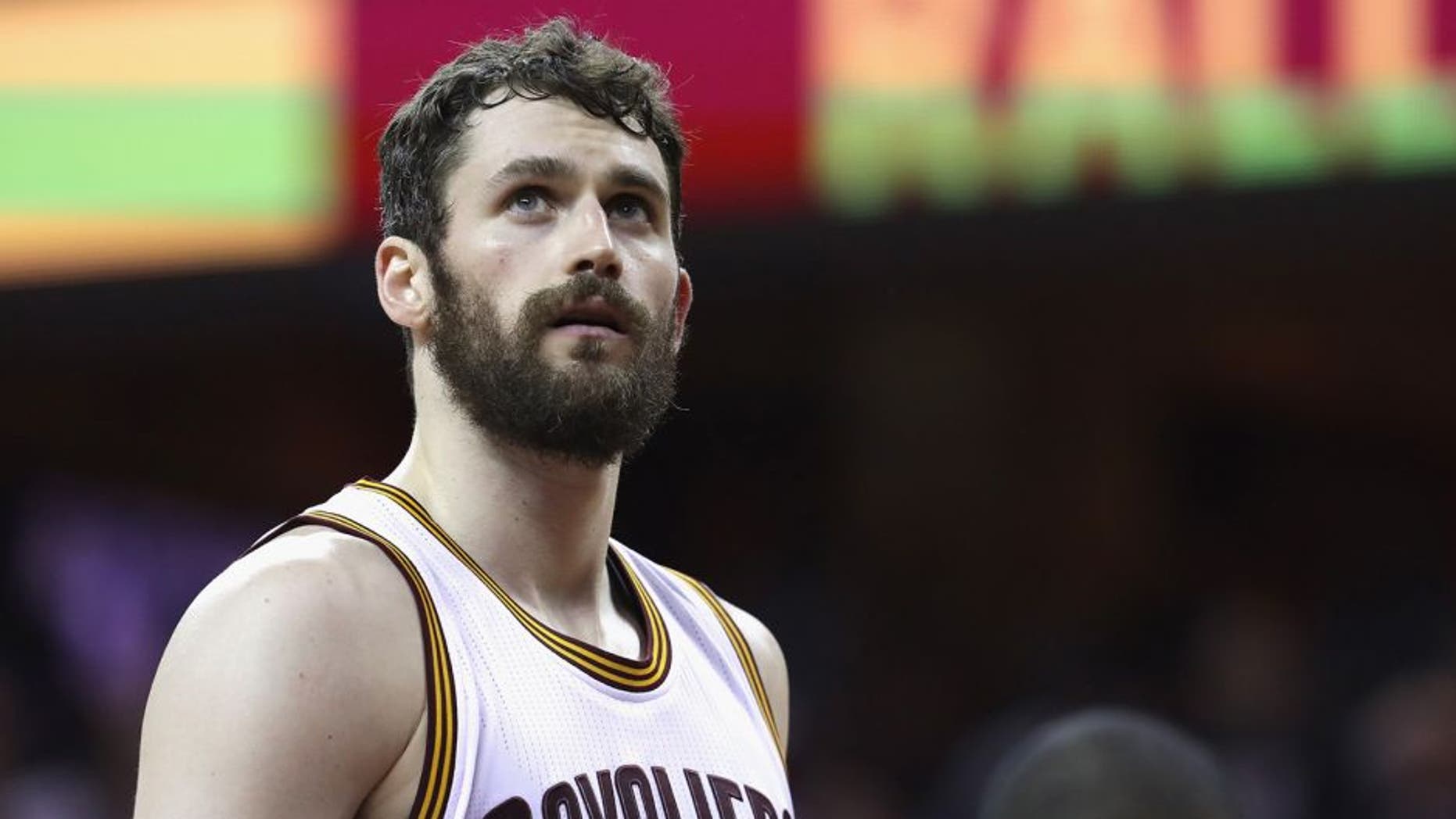 CLEVELAND, OH - JUNE 10: Kevin Love #0 of the Cleveland Cavaliers looks on during the first half against the Golden State Warriors in Game 4 of the 2016 NBA Finals at Quicken Loans Arena on June 10, 2016 in Cleveland, Ohio. NOTE TO USER: User expressly acknowledges and agrees that, by downloading and or using this photograph, User is consenting to the terms and conditions of the Getty Images License Agreement. (Photo by Ronald Martinez/Getty Images)