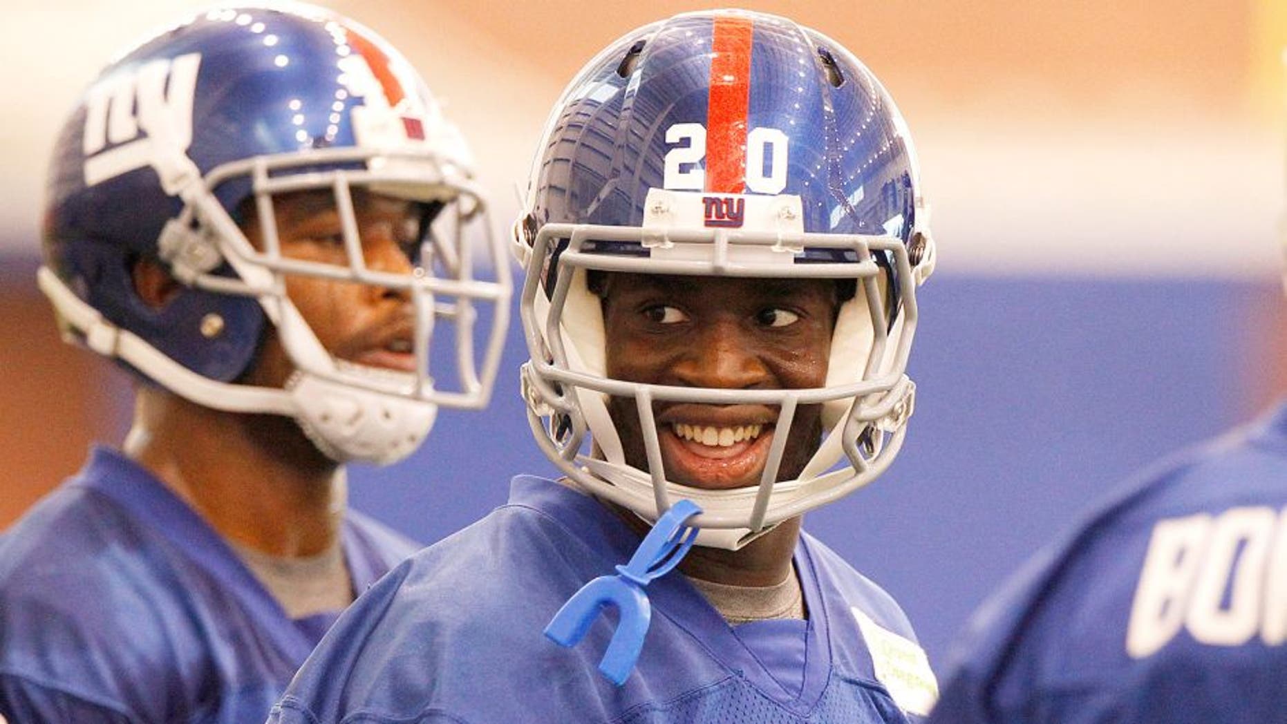 Jun 12, 2014; East Rutherford, NJ, USA; New York Giants cornerback Prince Amukamara (20) during New York Giants minicamp at the Quest Diagnostics Training Center. William Perlman/The Star-Ledger-USA TODAY Sports