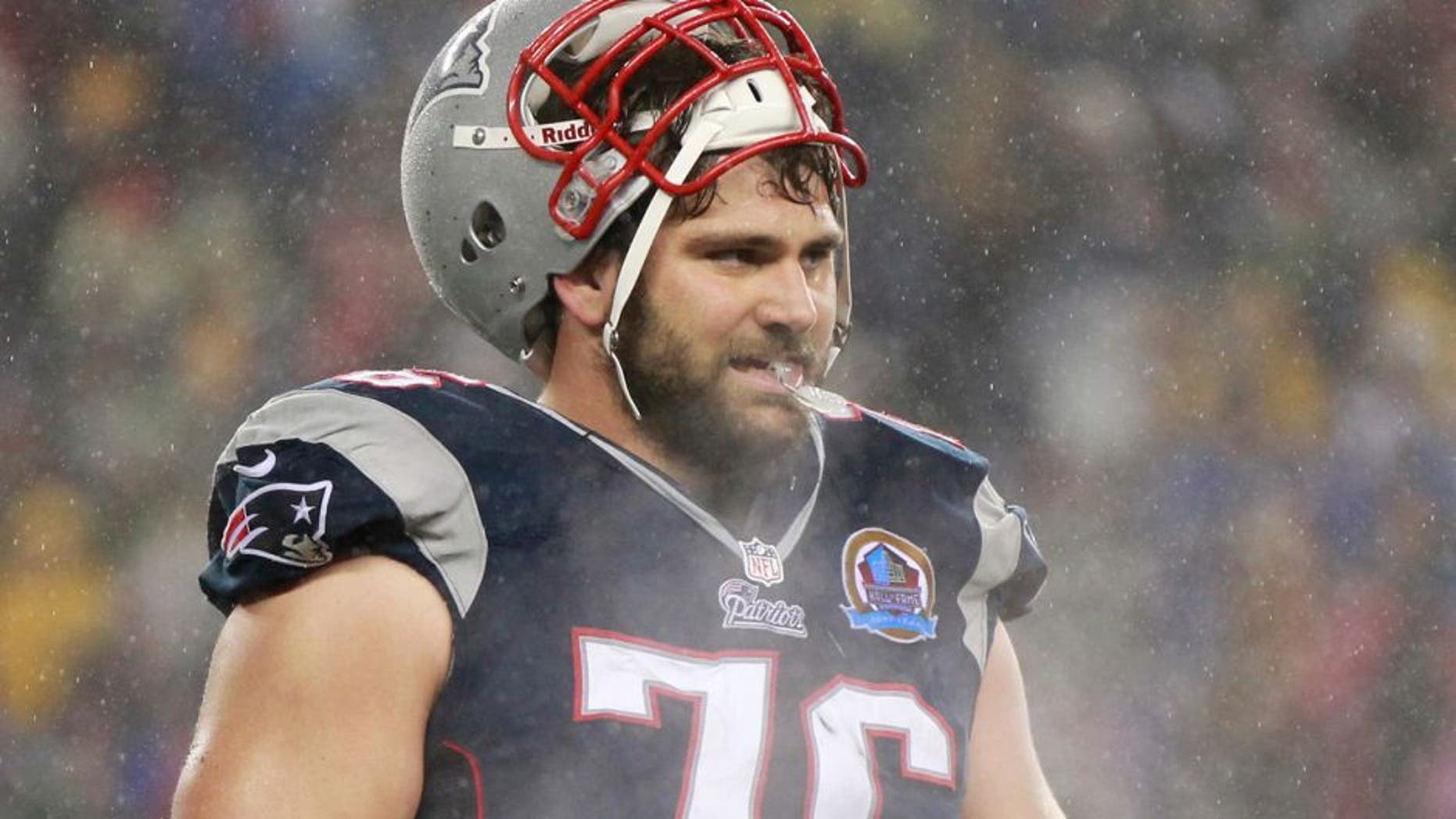 Dec 16, 2012; Foxboro, Massachusetts, USA; New England Patriots tackle Sebastian Vollmer (76) during the third quarter against the San Francisco 49ers during the third quarter at Gillette Stadium. The San Francisco 49ers won 41-34. Mandatory Credit: Greg M. Cooper-USA TODAY Sports