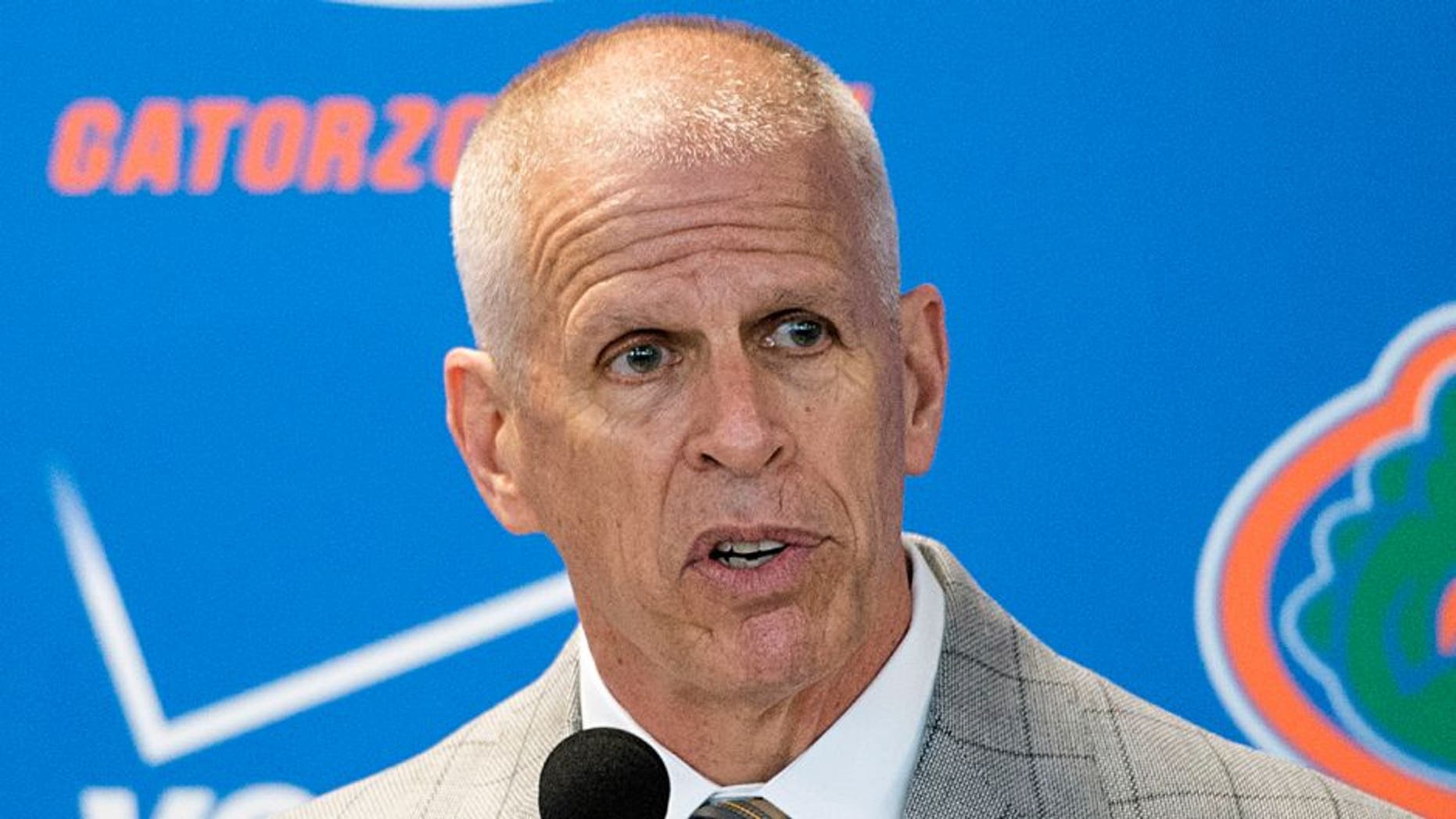 FILE - In this Dec. 6, 2014, file photo, Florida athletic director Jeremy Foley speaks to the media during a press conference in Gainesville, Fla. Foley, one of the most successful college sports leaders in the country the last 25 years, is retiring. The school announced his decision Monday, June 13, 2016, saying Foley will officially step down Oct. 1.(AP Photo/Phil Sandlin, File)