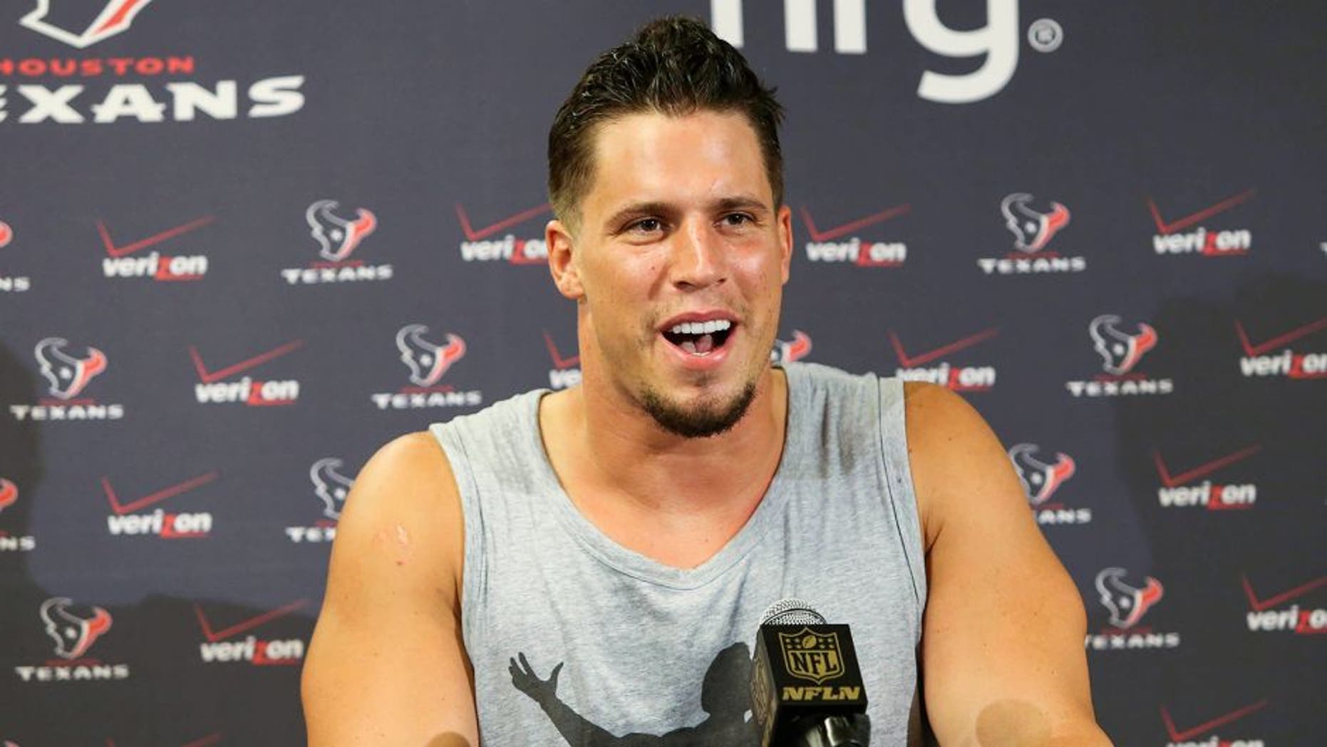 Jun 12, 2015; Houston, TX, USA; Houston Texans linebacker Brian Cushing (56) talks with media after practices during OTA at Houston Methodist Training Center. Mandatory Credit: Troy Taormina-USA TODAY Sports