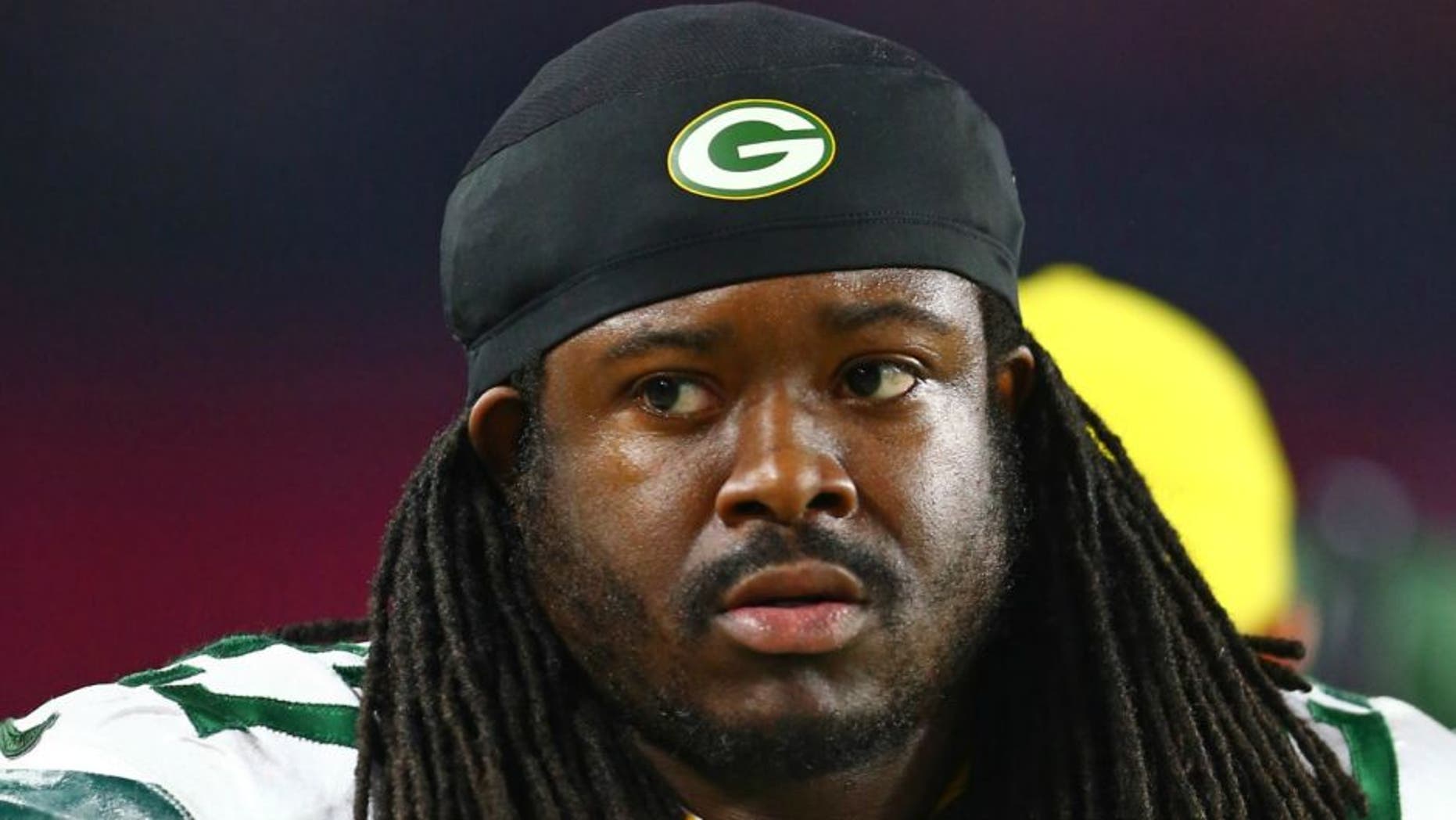 Jan 16, 2016; Glendale, AZ, USA; Green Bay Packers running back Eddie Lacy (27) against the Arizona Cardinals in a NFC Divisional round playoff game at University of Phoenix Stadium. Mandatory Credit: Mark J. Rebilas-USA TODAY Sports