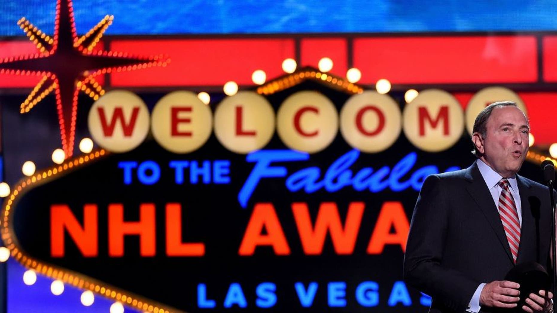 during the 2015 NHL Awards at MGM Grand Garden Arena on June 24, 2015 in Las Vegas, Nevada.,LAS VEGAS, NV - JUNE 24: Commissioner Gary Bettman of the NHL and Jordyn Leopold, the daugther of NHL player Jordan Leopold, speak during the 2015 NHL Awards at MGM Grand Garden Arena on June 24, 2015 in Las Vegas, Nevada. (Photo by Ethan Miller/Getty Images)