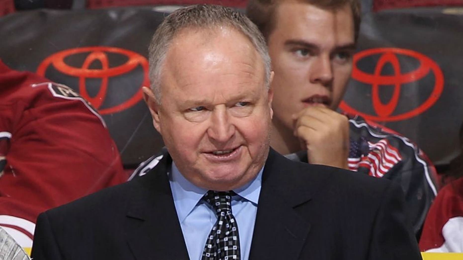 of the Anaheim Ducks of the Phoenix Coyotes during the NHL game at Jobing.com Arena on November 23, 2011 in Glendale, Arizona.,GLENDALE, AZ - NOVEMBER 23: Head coach Randy Carlyle of the Anaheim Ducks reacts on the bench during the NHL game against the Phoenix Coyotes at Jobing.com Arena on November 23, 2011 in Glendale, Arizona. The Coyotes defeated the Ducks 4-2. (Photo by Christian Petersen/Getty Images)