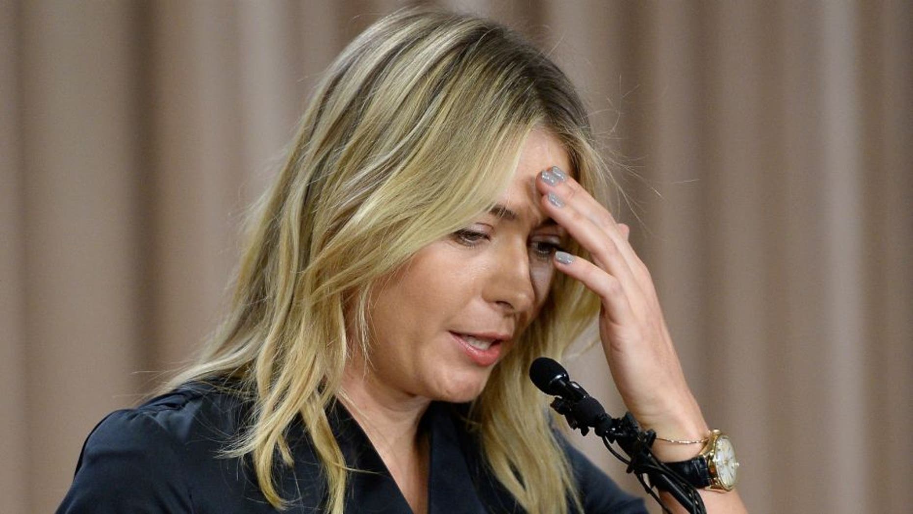 LOS ANGELES, CA - MARCH 07: Tennis player Maria Sharapova addresses the media regarding a failed drug test at The LA Hotel Downtown on March 7, 2016 in Los Angeles, California. Sharapova, a five-time major champion, is currently the 7th ranked player on the WTA tour. Sharapova, withdrew from this week's BNP Paribas Open at Indian Wells due to injury. (Photo by Kevork Djansezian/Getty Images)