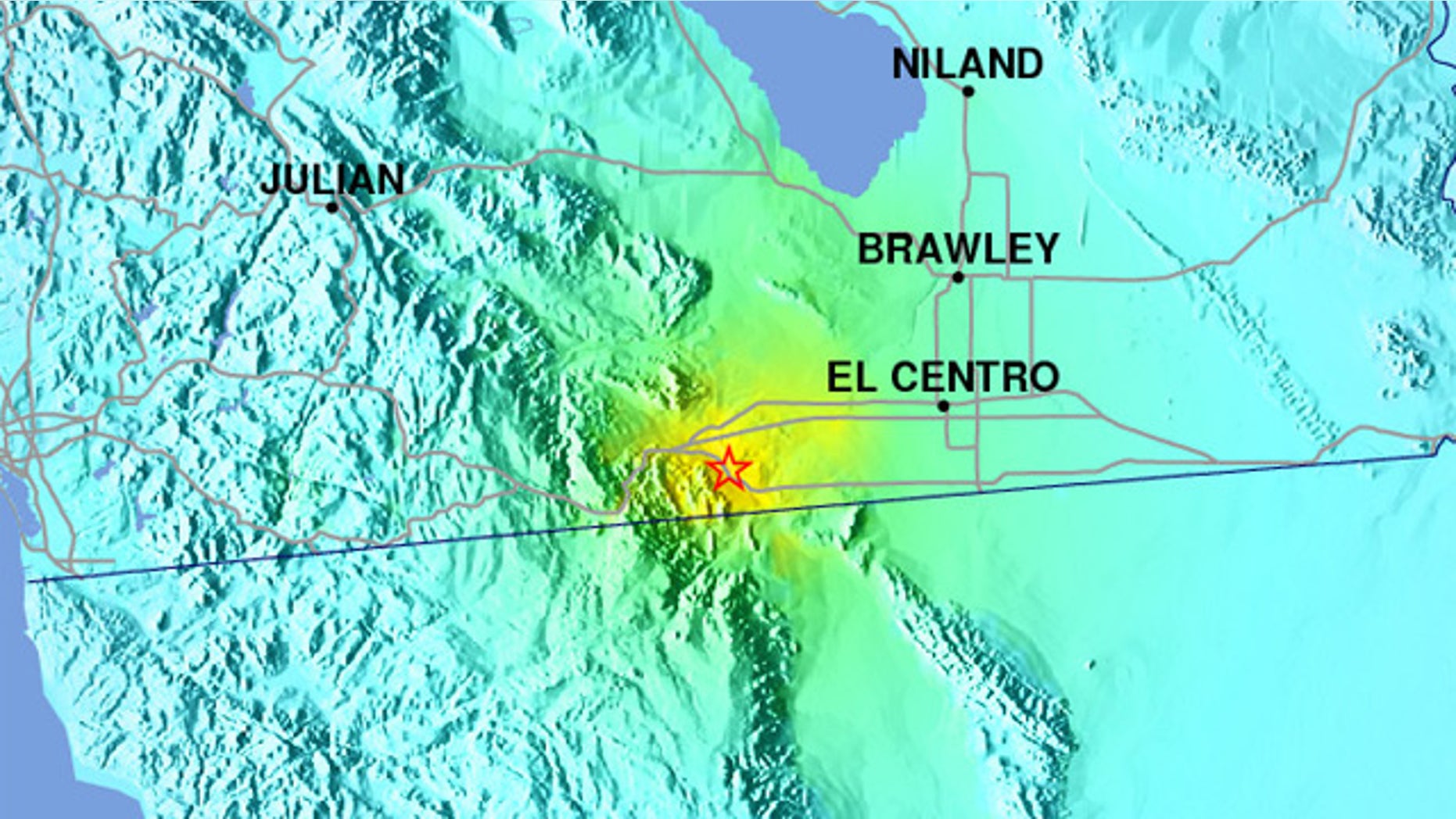 USGS shakemap shows the earthquake epicenter east of San Diego, near the Mexico border.