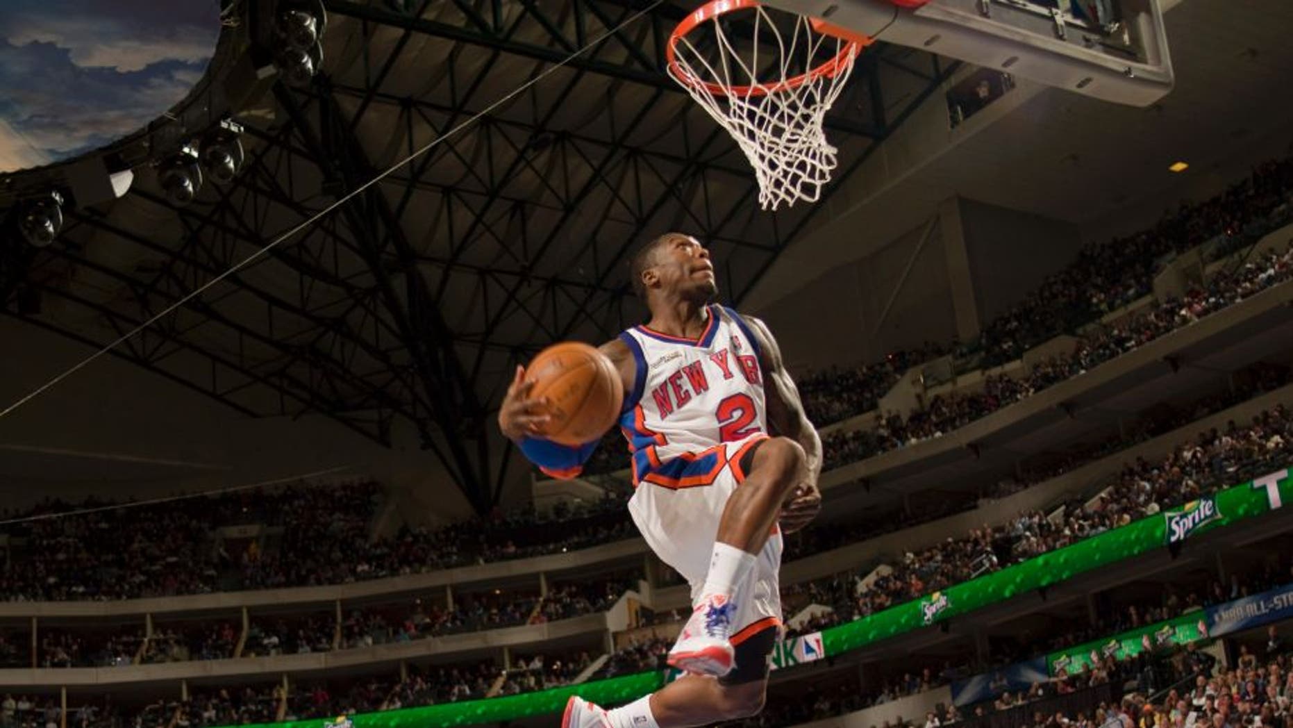 DALLAS - FEBRUARY 13: Nate Robinson #2 of the New York Knicks dunks during the Sprite Slam Dunk Contest on All-Star Saturday Night as part of the 2010 NBA All-Star Weekend at the American Airlines Center on February 13, 2010 in Dallas, Texas. NOTE TO USER: User expressly acknowledges and agrees that, by downloading and or using this photograph, User is consenting to the terms and conditions of the Getty Images License Agreement. Mandatory Copyright Notice: Copyright 2010 NBAE (Photo by Glenn James/NBAE via Getty Images)