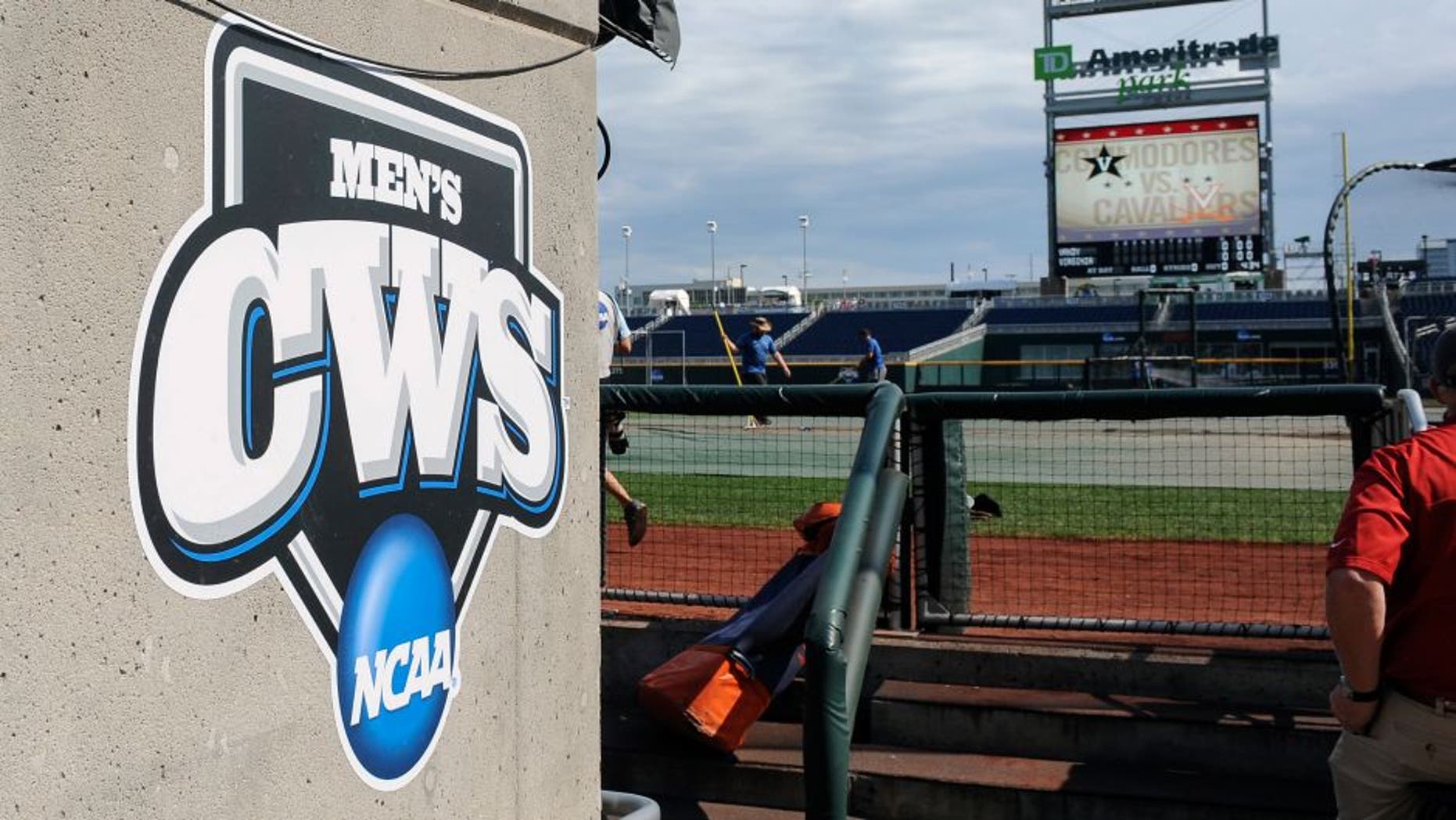 Jun 23, 2015; Omaha, NE, USA; General view of the CWS logo and field before the game between the Vanderbilt Commodores and Virginia Cavaliers in game two of the College World Series Finals at TD Ameritrade Park. Mandatory Credit: Steven Branscombe-USA TODAY Sports