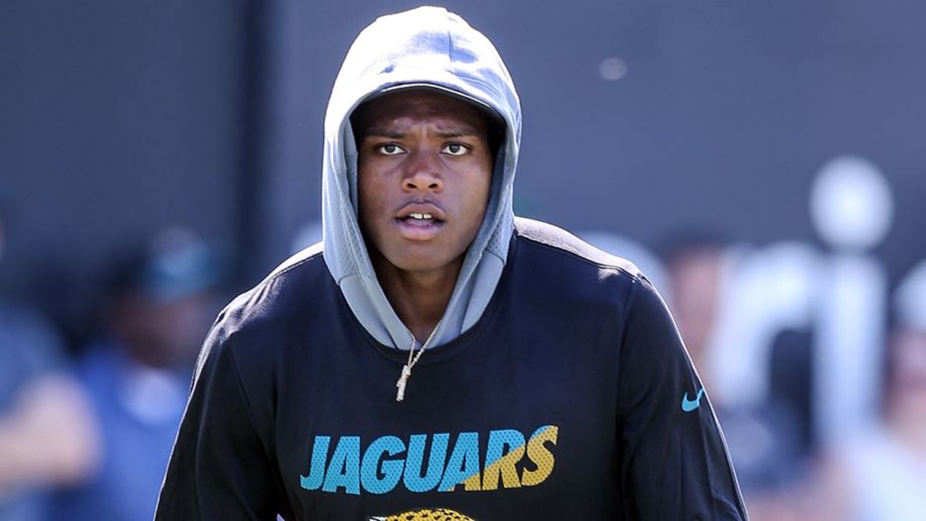 Jacksonville Jaguar cornerback Jalen Ramsey tows a stack of weights during the NFL football team's minicamp in Jacksonville, Fla., Wednesday, June 15, 2016. (AP Photo/Gary McCullough)