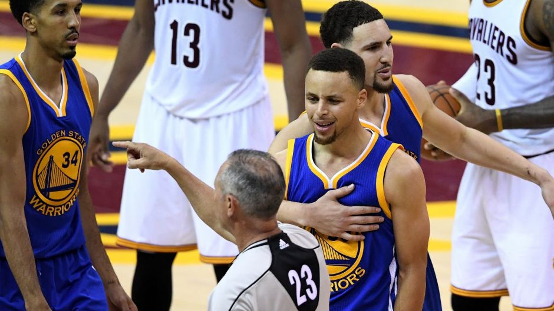 CLEVELAND, OH - JUNE 16: Stephen Curry #30 of the Golden State Warriors reacts as he is ejected from the game during the fourth quarter against the Cleveland Cavaliers in Game 6 of the 2016 NBA Finals at Quicken Loans Arena on June 16, 2016 in Cleveland, Ohio. NOTE TO USER: User expressly acknowledges and agrees that, by downloading and or using this photograph, User is consenting to the terms and conditions of the Getty Images License Agreement. (Photo by Jason Miller/Getty Images)
