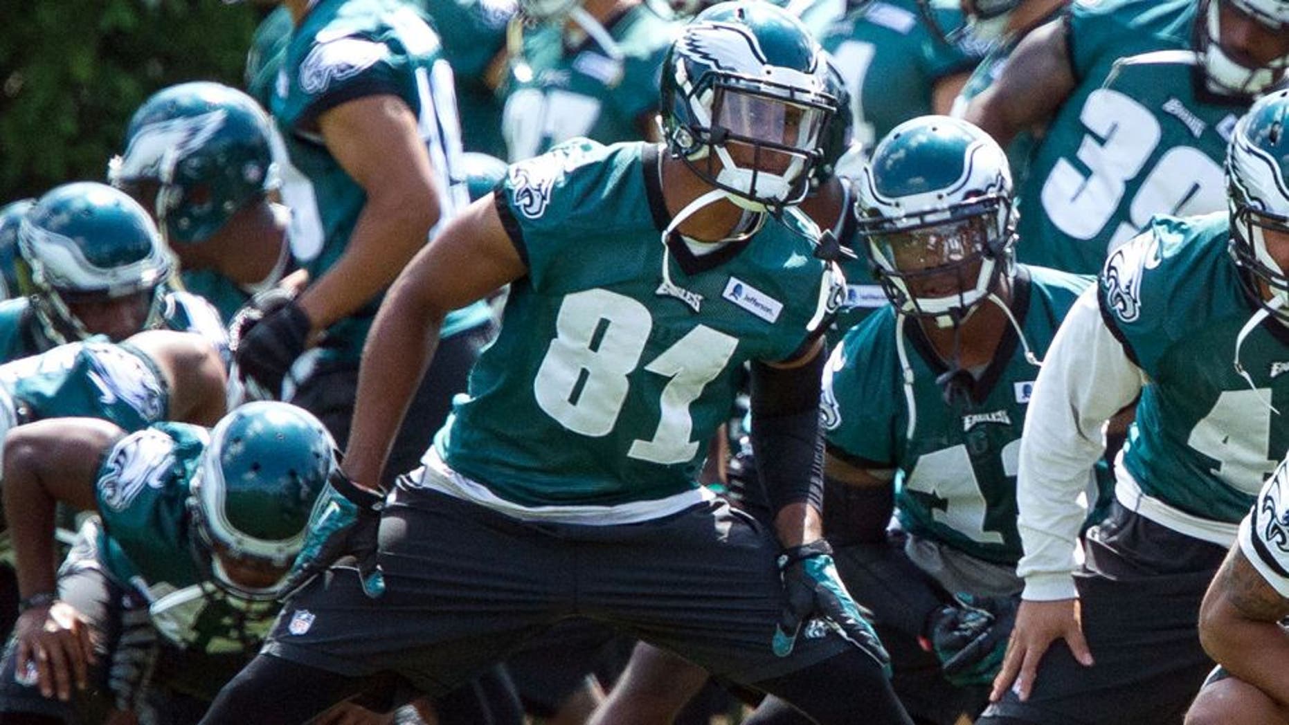 Jun 17, 2015; Philadelphia, PA, USA; Philadelphia Eagles wide receiver Jordan Matthews (81) stretches with the team during minicamp at The NovaCare Complex. Mandatory Credit: Bill Streicher-USA TODAY Sports