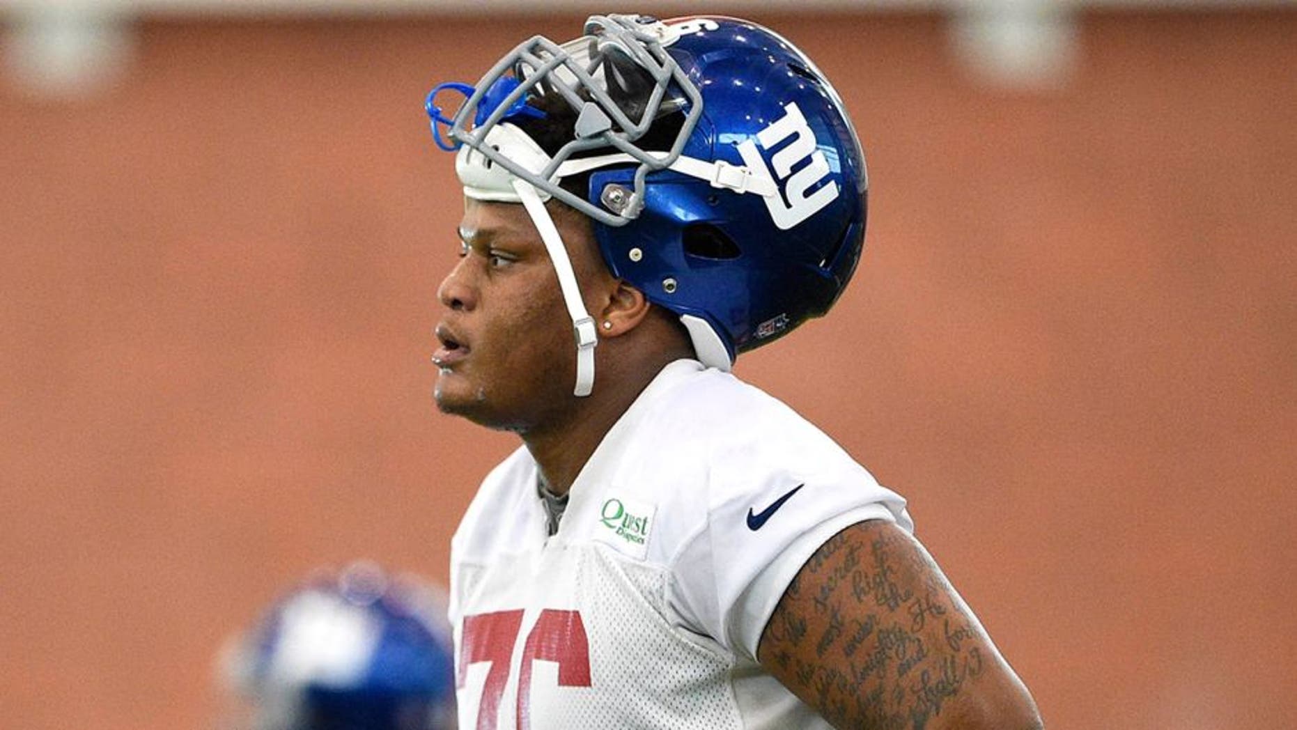 Jun 16, 2015; East Rutherford, NJ, USA; New York Giants tackle Ereck Flowers (76) takes part in practice during minicamp at Quest Diagnostics Training Center. Mandatory Credit: Steven Ryan-USA TODAY Sports