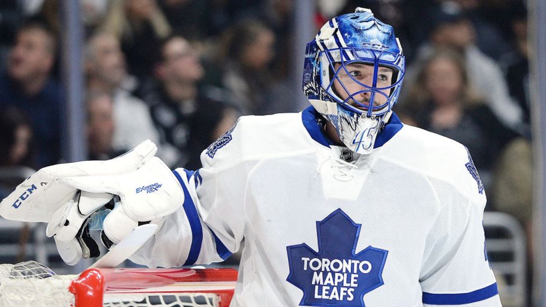 Jan 12, 2015; Los Angeles, CA, USA; Toronto Maple Leafs goalie Jonathan Bernier (45) looks on during the game against the Los Angeles Kings at Staples Center. Kings won 2-0. Mandatory Credit: Jayne Kamin-Oncea-USA TODAY Sports