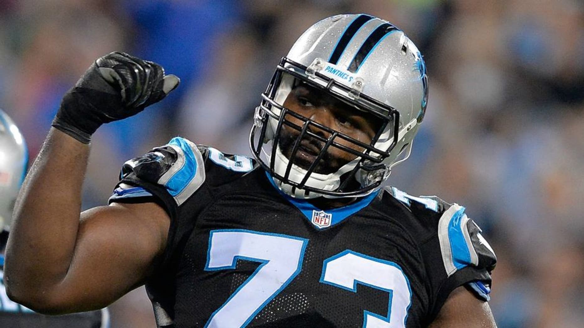 during their game at Bank of America Stadium on October 25, 2015 in Charlotte, North Carolina.,CHARLOTTE, NC - OCTOBER 25: Michael Oher #73 of the Carolina Panthers reacts during their game against the Philadelphia Eagles at Bank of America Stadium on October 25, 2015 in Charlotte, North Carolina. The Panthers won 27-16. (Photo by Grant Halverson/Getty Images)