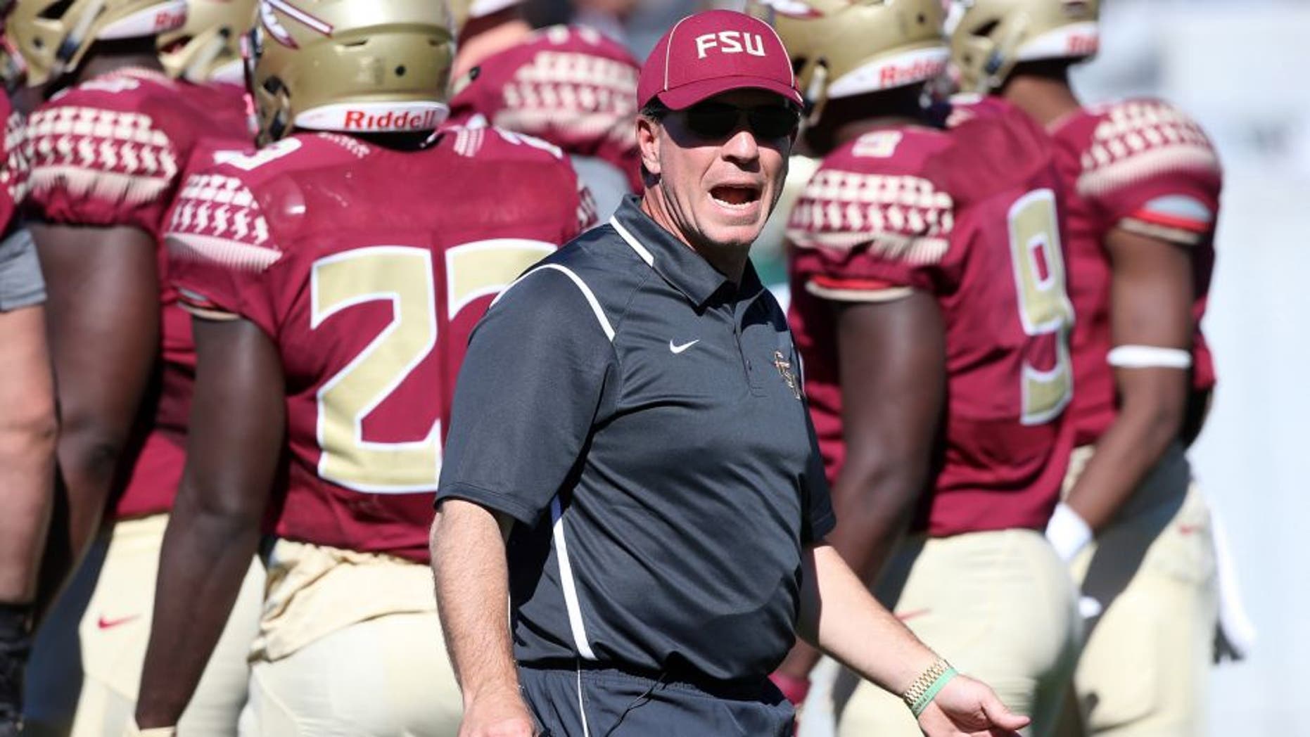 Apr 9, 2016; Orlando, FL, USA; Florida State Seminoles head coach Jimbo Fisher yells from the field during the Florida State spring game at the Citrus Bowl. Mandatory Credit: Logan Bowles-USA TODAY Sports