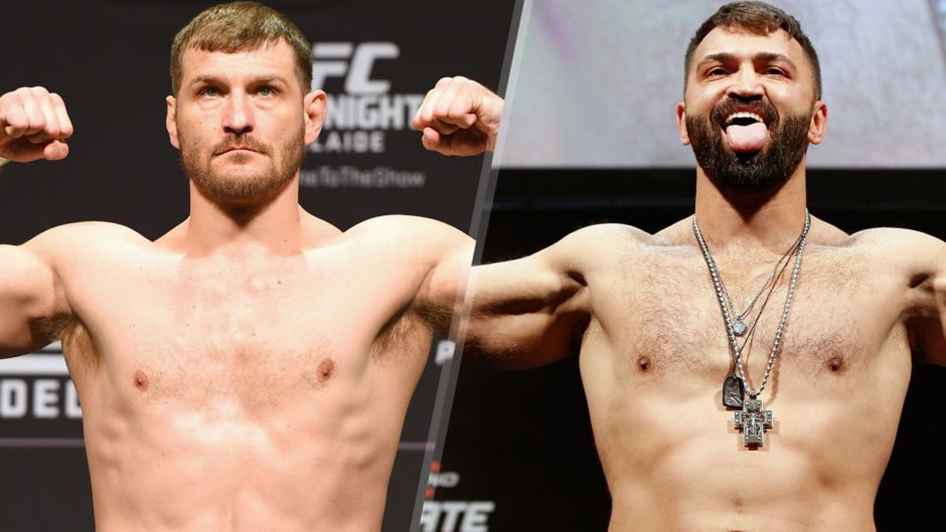 ADELAIDE, AUSTRALIA - MAY 09: Stipe Miocic of the United States weighs in during the UFC weigh-in event at the Adelaide Entertainment Centre on May 9, 2015 in Adelaide, Australia. (Photo by Josh Hedges/Zuffa LLC/Zuffa LLC via Getty Images) BRASILIA, BRAZIL - SEPTEMBER 12: Andrei Arlovski of Belarus poses on the scale after weighing in during the UFC Fight Night weigh-in at the Nilson Nelson Gymnasium on September 12, 2014 in Brasilia, Brazil. (Photo by Josh Hedges/Zuffa LLC/Zuffa LLC via Getty Images)
