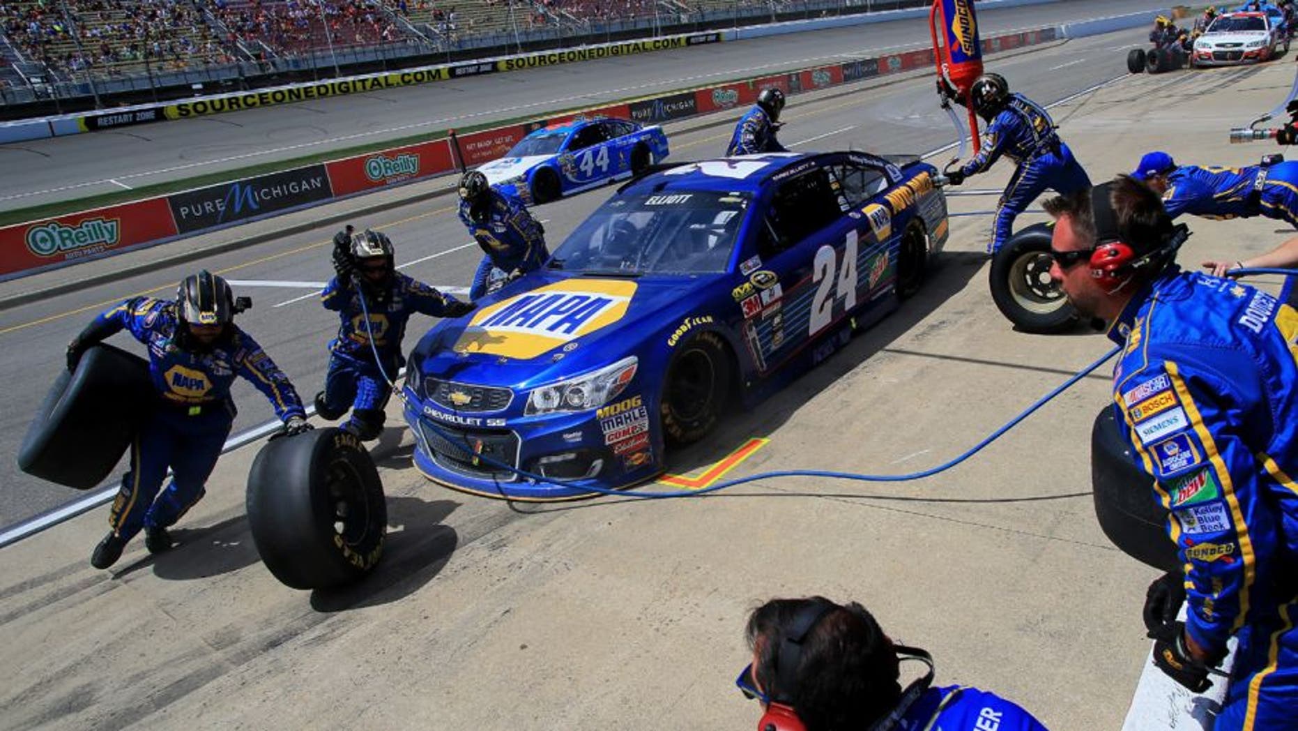 BROOKLYN, MI - JUNE 12: Chase Elliott, driver of the #24 NAPA Auto Parts Chevrolet, pits during the NASCAR Sprint Cup Series FireKeepers Casino 400 at Michigan International Speedway on June 12, 2016 in Brooklyn, Michigan. (Photo by Daniel Shirey/NASCAR via Getty Images)