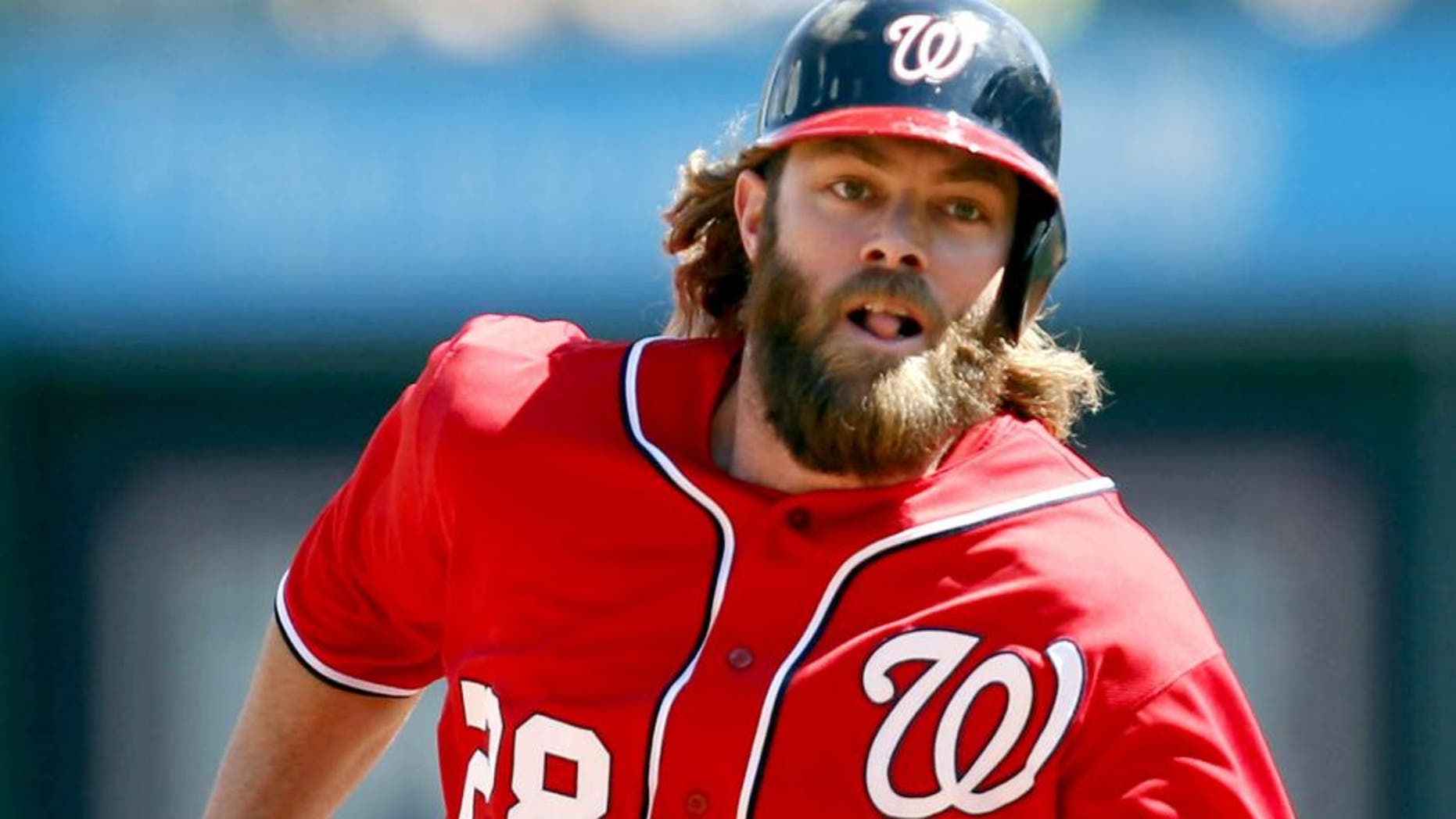 May 25, 2014; Pittsburgh, PA, USA; Washington Nationals right fielder Jayson Werth (28) runs from first to third base against the Pittsburgh Pirates during the seventh inning at PNC Park. The Nationals won 5-2. Mandatory Credit: Charles LeClaire-USA TODAY Sports