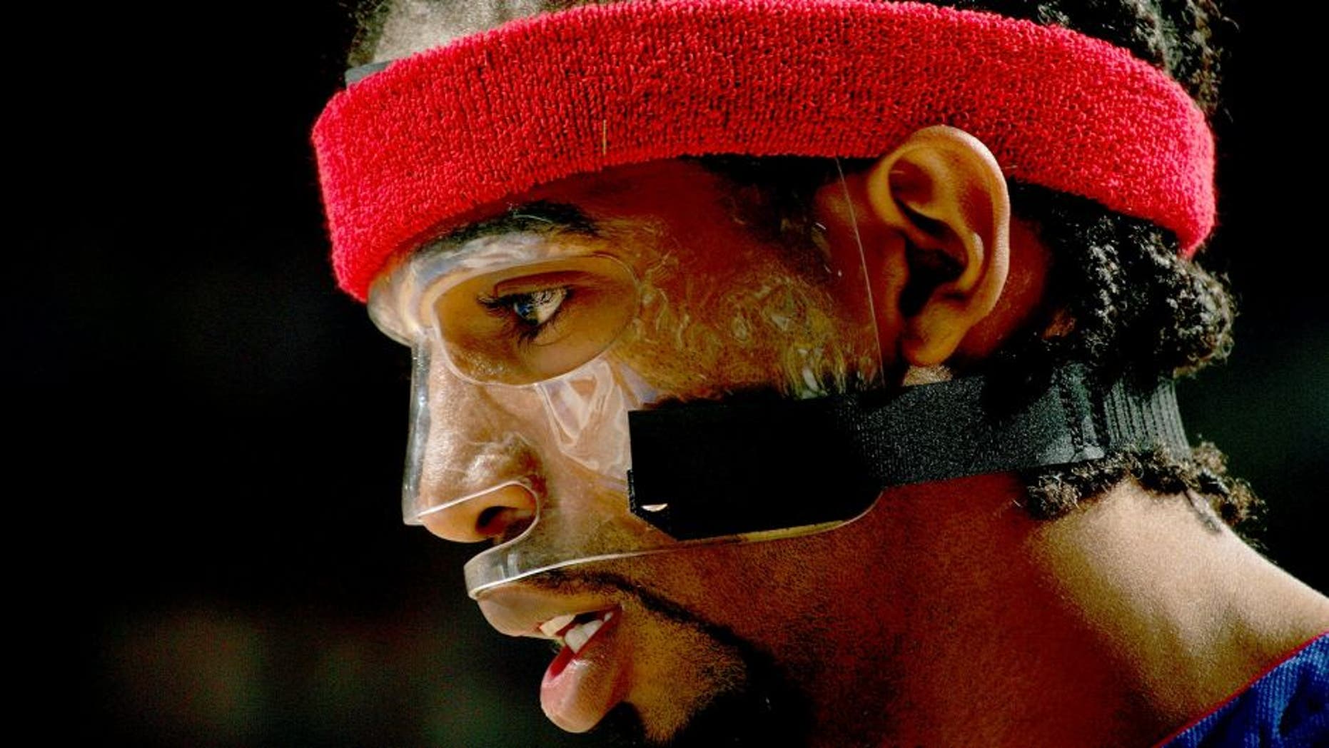 PHILADELPHIA - MAY 1: Richard Hamilton #32 of the Detroit Pistons is seen wearing his protective mask during Game four of the Eastern Conference Quarterfinals against the Philadelphia 76ers on May 1, 2005 at the Wachovia Center in Philadelphia, Pennsylvania. The Pistons won 97-92 in overtime. NOTE TO USER: User expressly acknowledges and agrees that, by downloading and or using this photograph, User is consenting to the terms and conditions of the Getty Images License Agreement. Mandatory Copyright Notice: Copyright 2005 NBAE (Photo by Jesse D. Garrabrant/NBAE via Getty Images)