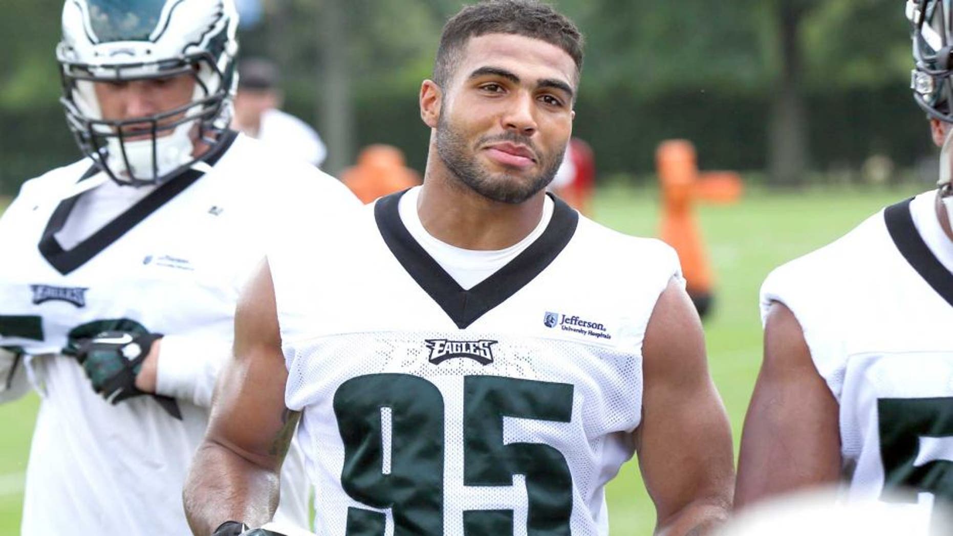 Jun 17, 2014; Philadelphia, PA, USA; Philadelphia Eagles inside linebacker Mychal Kendricks (95) during mini camp at the Philadelphia Eagles NovaCare Complex. Mandatory Credit: Bill Streicher-USA TODAY Sports