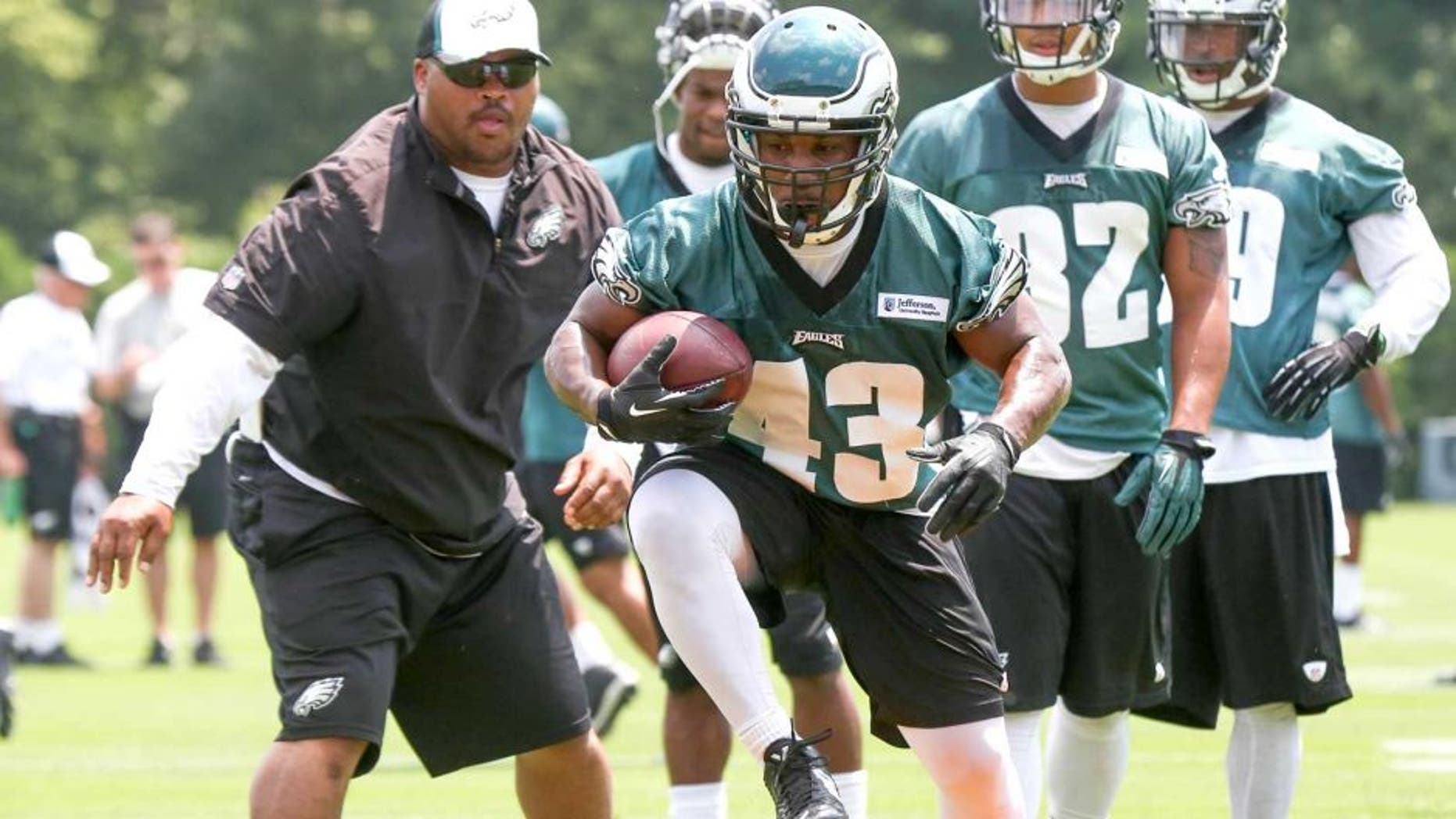 Jun 17, 2014; Philadelphia, PA, USA; Running back Darren Sproles (43) runs drills during mini camp at the Philadelphia Eagles NovaCare Complex. Mandatory Credit: Bill Streicher-USA TODAY Sports