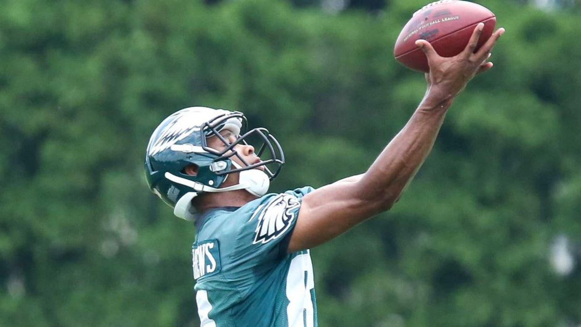 Jun 17, 2014; Philadelphia, PA, USA; Philadelphia Eagles wide receiver Jordan Matthews (81) catches the ball during mini camp at the Philadelphia Eagles NovaCare Complex. Mandatory Credit: Bill Streicher-USA TODAY Sports