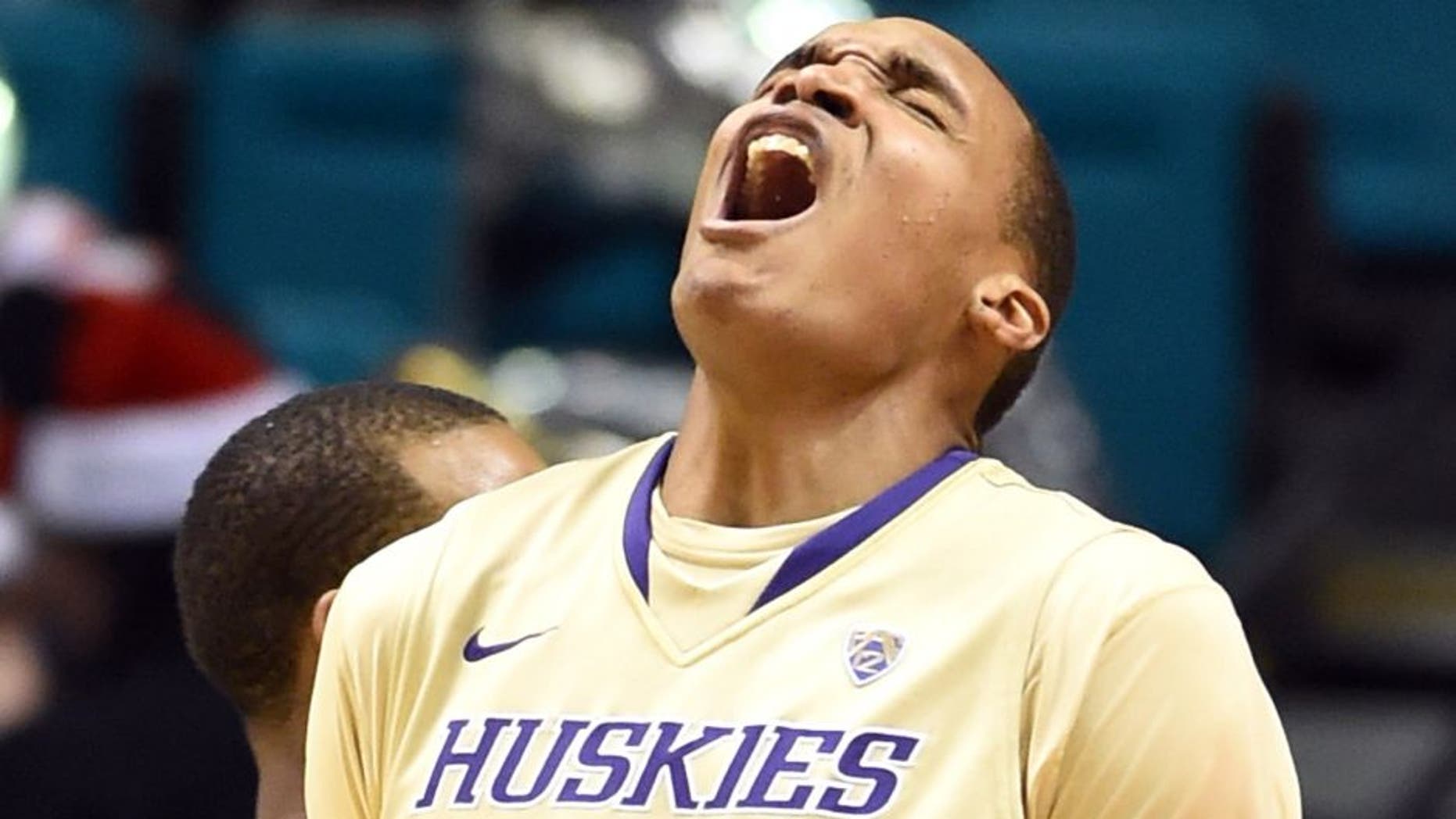 LAS VEGAS, NV - DECEMBER 20: Robert Upshaw #24 of the Washington Huskies reacts after he was fouled on a dunk against the Oklahoma Sooners during the 2014 MGM Grand Showcase basketball event at the MGM Grand Garden Arena on December 20, 2014 in Las Vegas, Nevada. Washington won 69-67. (Photo by Ethan Miller/Getty Images)