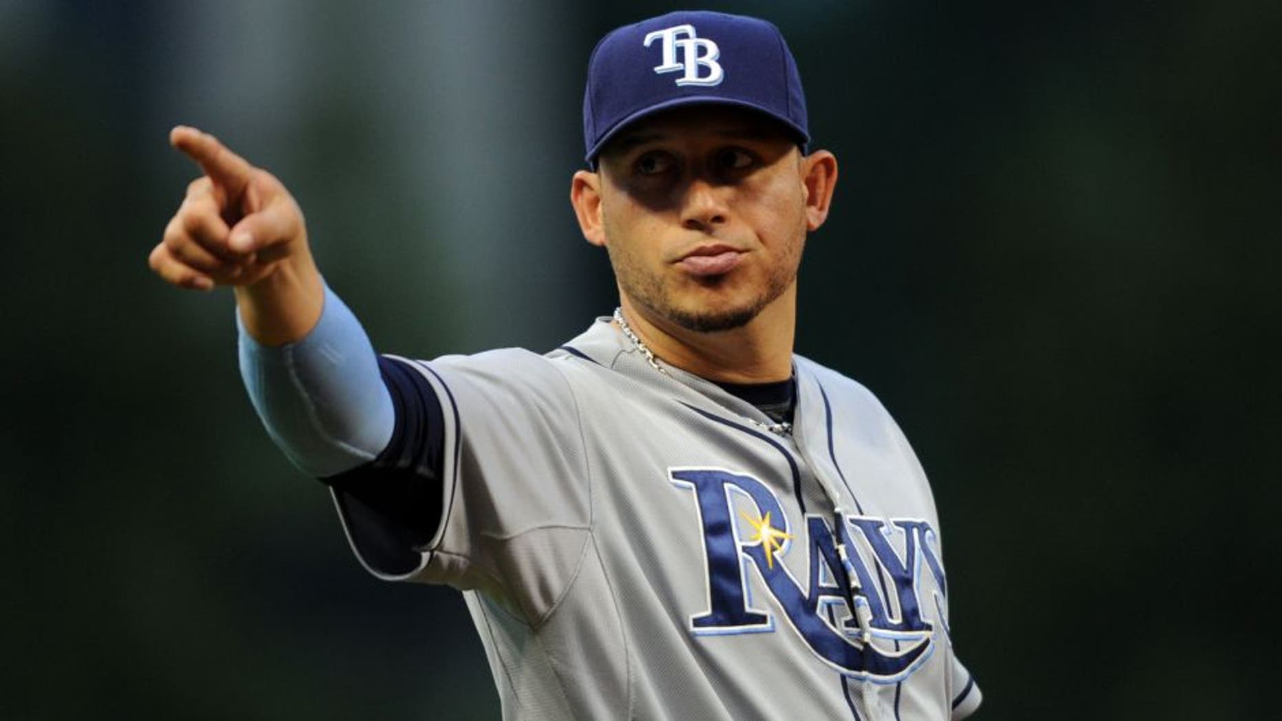Jun 19, 2015; Cleveland, OH, USA; Tampa Bay Rays shortstop Asdrubal Cabrera (13) points to fans during the sixth inning against the Cleveland Indians at Progressive Field. Mandatory Credit: Ken Blaze-USA TODAY Sports