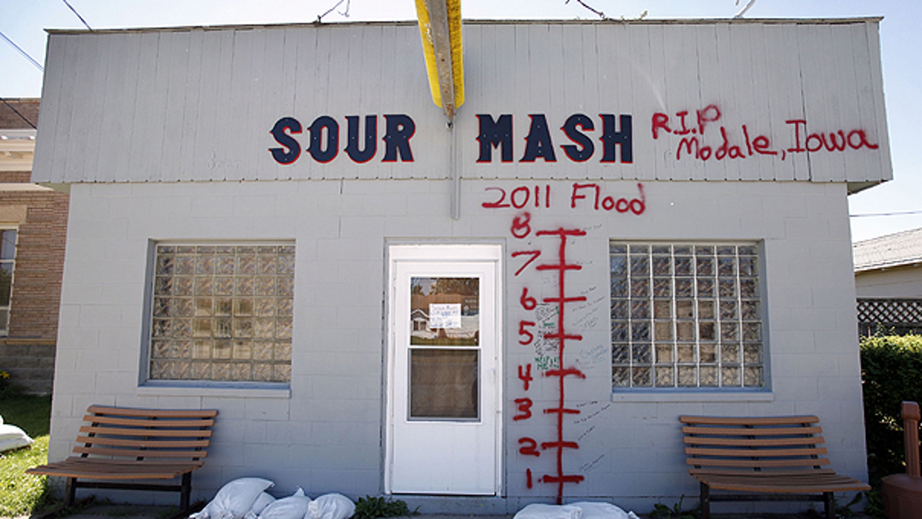 June 15: The Sour Mash Bar and Grill is seen on a dry main street in Modale, Iowa. Many of Modale's 300 residents cleared out of their homes when prompted by warnings that parts of Modale could receive 2 to 4 feet of water.