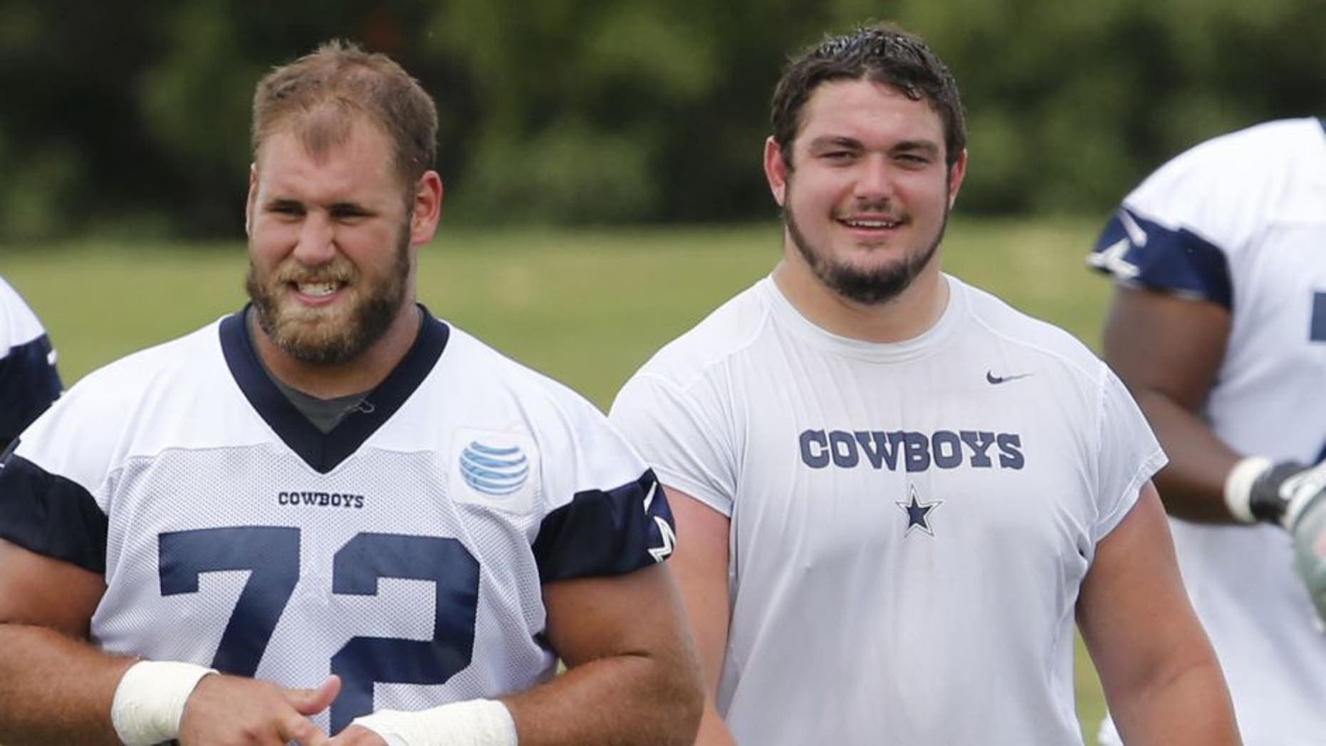 Jun 17, 2014; Dallas, TX, USA; Dallas Cowboys number one draft pick Zack Martin (70) with center Travis Frederick (72) during minicamp at Cowboys headquarters at Valley Ranch. Mandatory Credit: Matthew Emmons-USA TODAY Sports