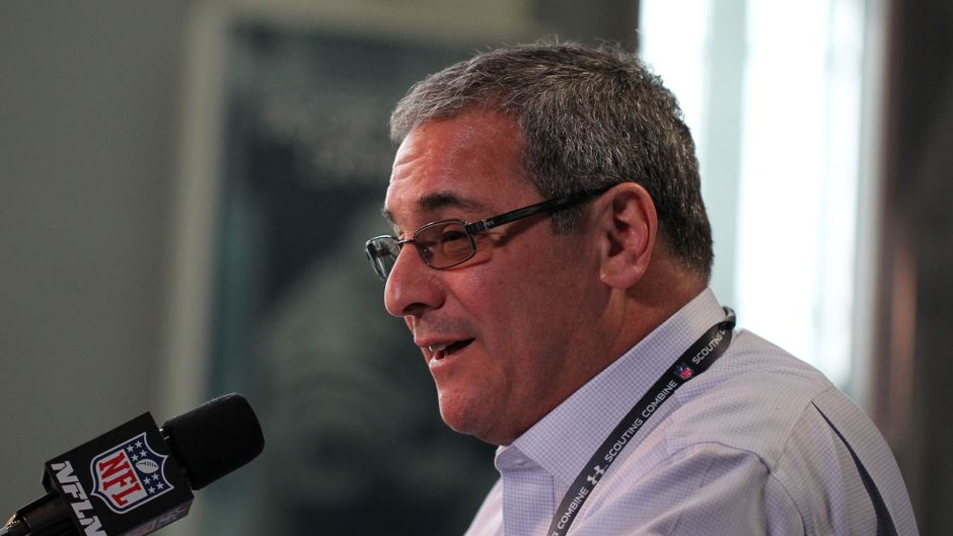 Feb 21, 2013; Indianapolis, IN, USA; Carolina Panthers general manager Dave Gettleman speaks at a press conference during the 2013 NFL Combine at Lucas Oil Stadium. Mandatory Credit: Brian Spurlock-USA TODAY Sports