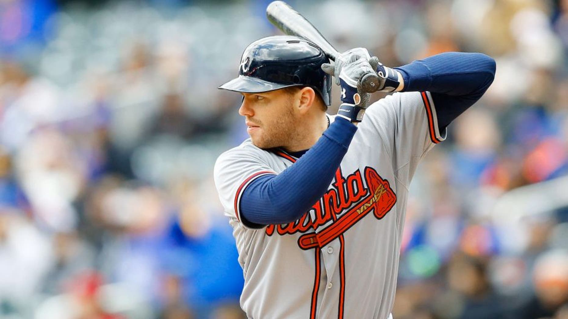 NEW YORK, NY - APRIL 23: Freddie Freeman #5 of the Atlanta Braves in action against the New York Mets at Citi Field on April 23, 2015 in the Flushing neighborhood of the Queens borough of New York City. The Mets defeated the Braves 6-3. (Photo by Jim McIsaac/Getty Images)