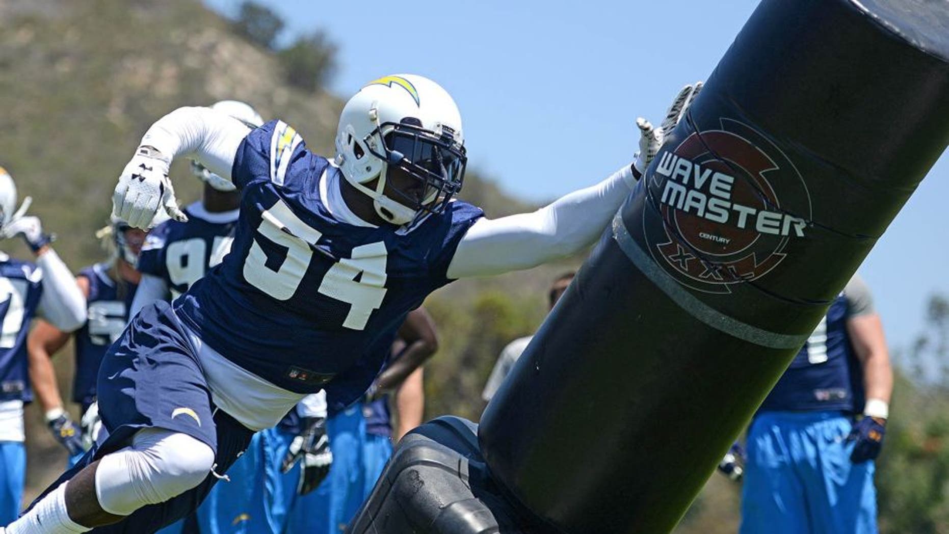 Jun 16, 2015; San Diego, CA, USA; San Diego Chargers linbacker Melvin Ingram (54) participates in a drill during minicamp at Charger Park. Mandatory Credit: Jake Roth-USA TODAY Sports