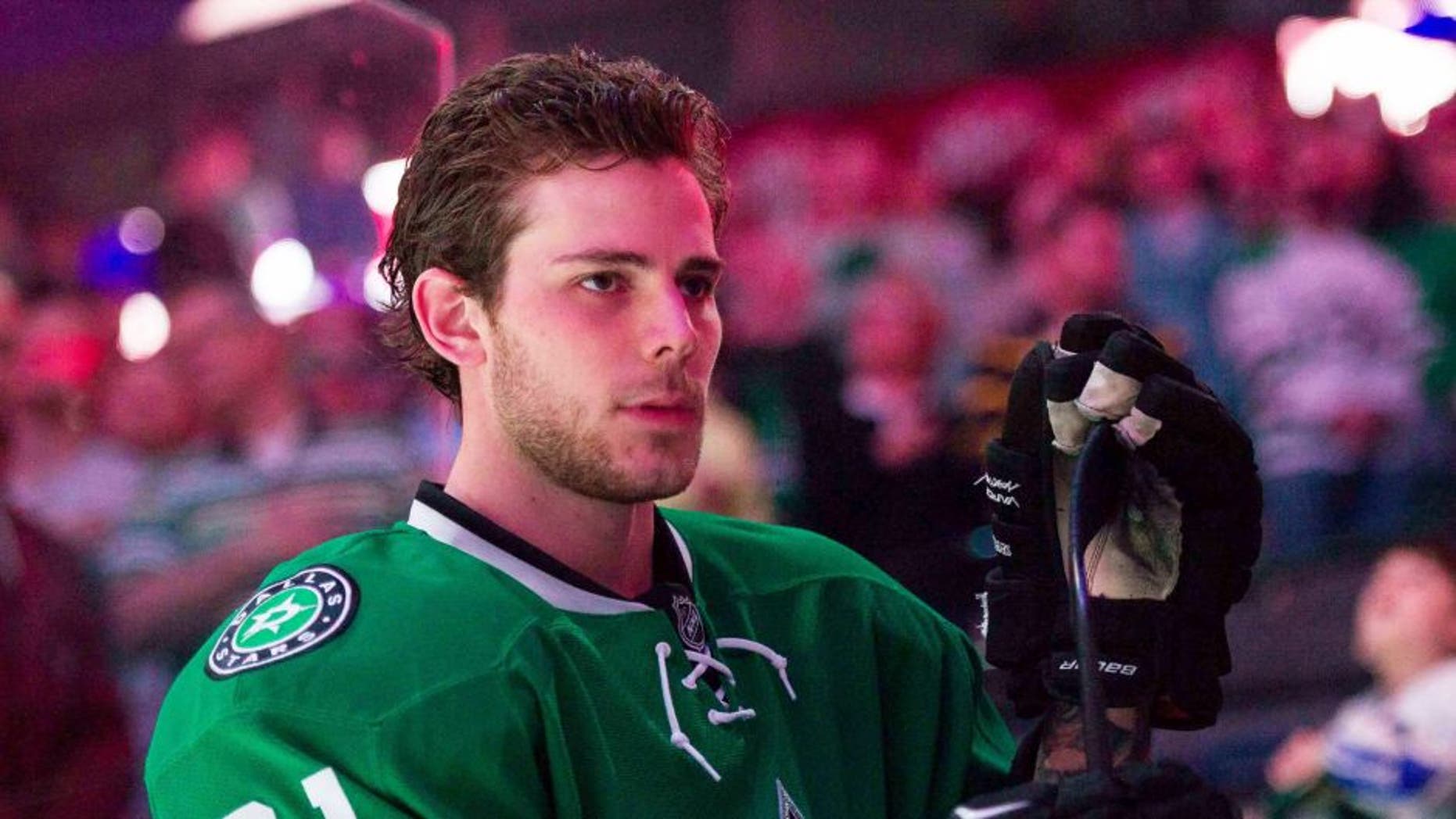 Apr 3, 2015; Dallas, TX, USA; Dallas Stars center Tyler Seguin (91) prepares to face the St. Louis Blues at the American Airlines Center. The Blues defeat the Stars 7-5. Mandatory Credit: Jerome Miron-USA TODAY Sports