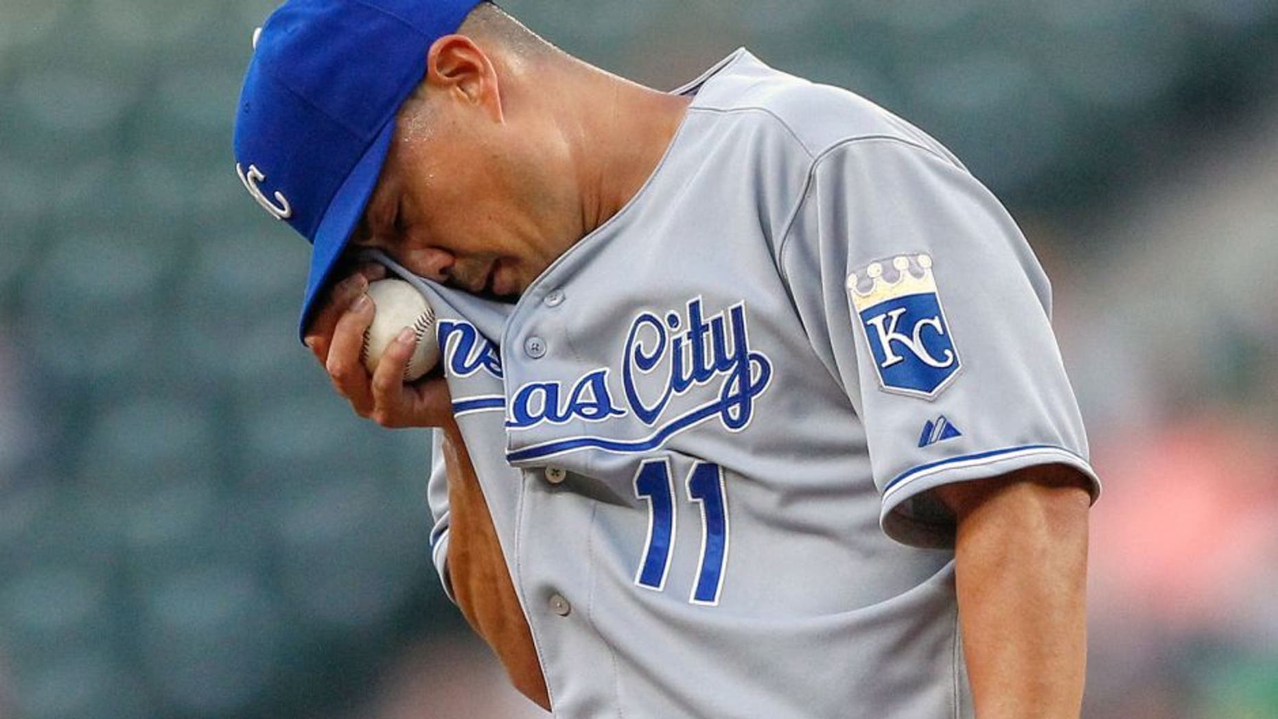 SEATTLE, WA - JUNE 23: Starting pitcher Jeremy Guthrie #11 of the Kansas City Royals pauses on the mound after falling behind 2-0 against the Seattle Mariners in the fourth inning at Safeco Field on June 23, 2015 in Seattle, Washington. (Photo by Otto Greule Jr/Getty Images)