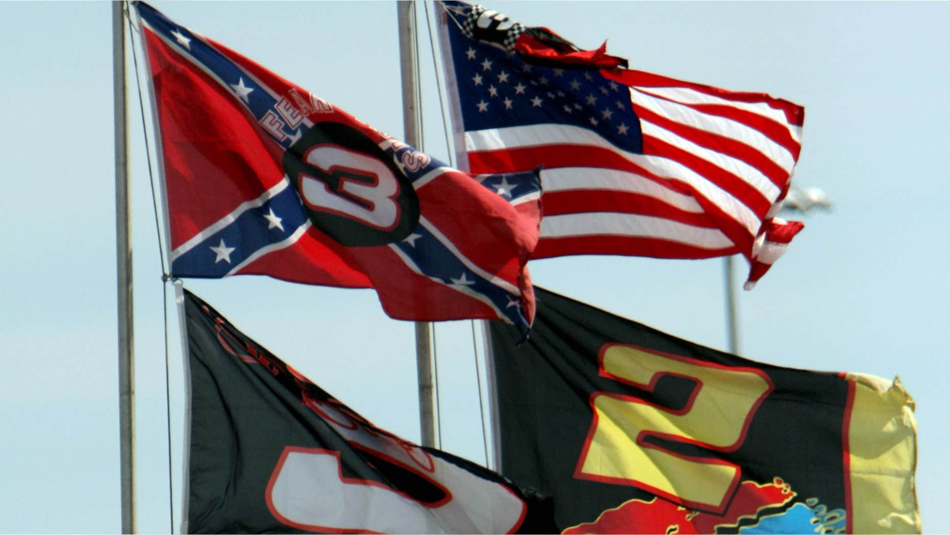 Feb. 15, 2008: Flags, including a Confederate flag, fap in the wind during practice for the NASCAR Sprint Cup Series Daytona 500 auto race at Daytona International Speedway in Daytona Beach, Fla.