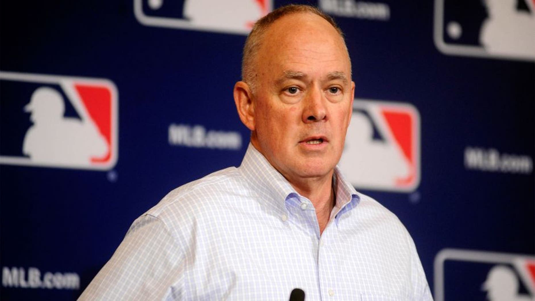 Dec 11, 2013; Orlando, FL, USA; New York Mets general manager Sandy Alderson announces that the MLB rules committee approved a change eliminating collisions at home plate during the MLB Winter Meetings at the Walt Disney World Swan and Dolphin Resort. The proposed rule change goes to the owners and the MLB Players association for approval. Mandatory Credit: David Manning-USA TODAY Sports
