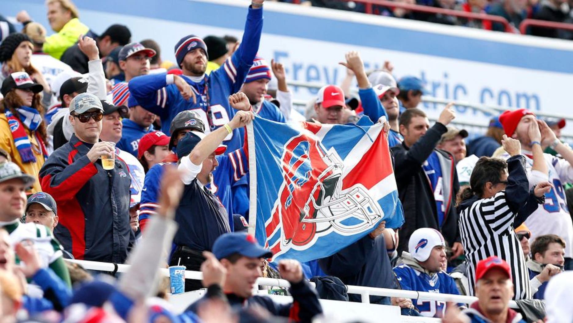 Nov 17, 2013; Orchard Park, NY, USA; Buffalo Bills fans celebrate a touchdown by the team during the first half against the New York Jets at Ralph Wilson Stadium. Mandatory Credit: Kevin Hoffman-USA TODAY Sports