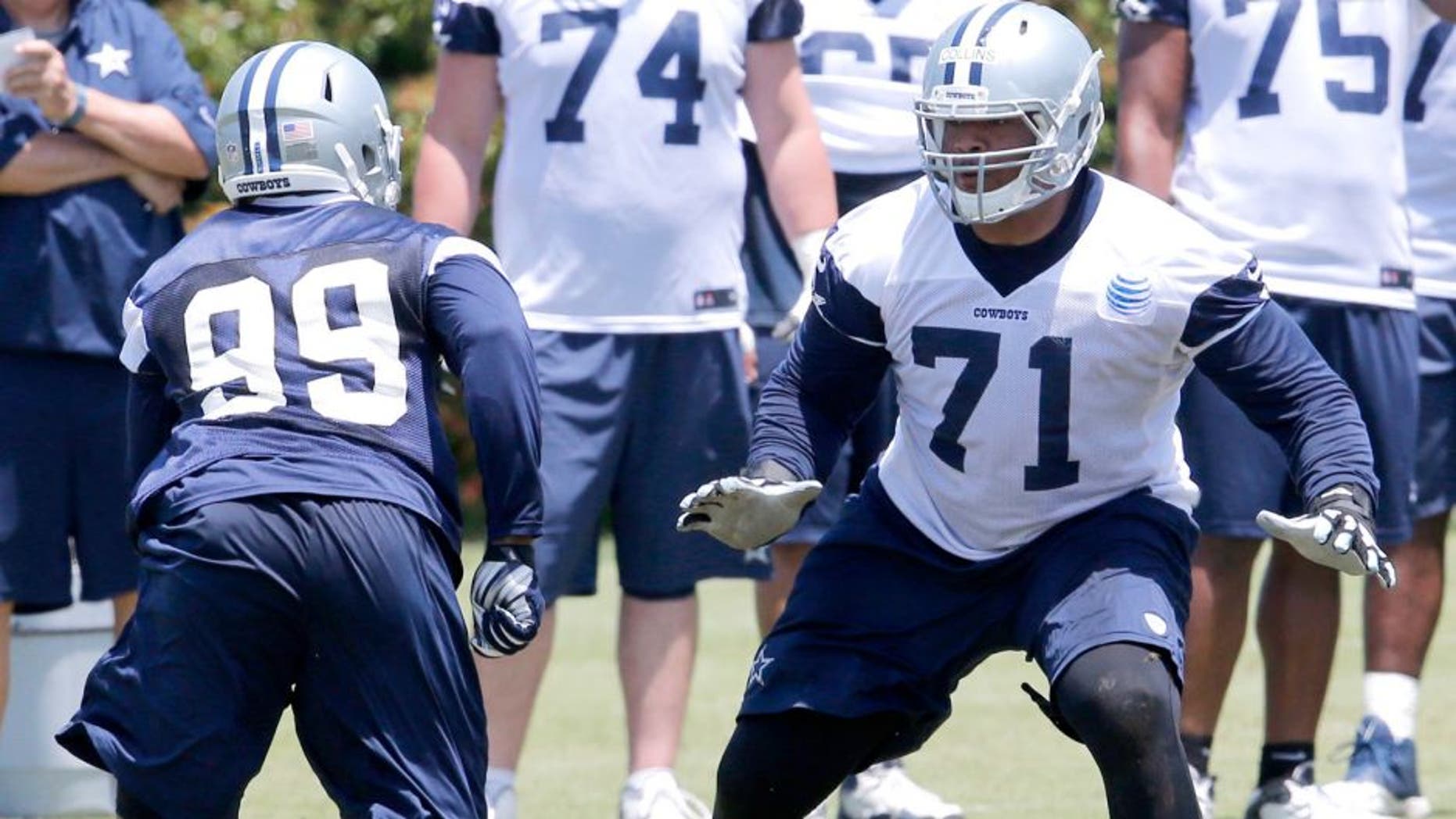 May 27, 2015; Dallas, TX, USA; Dallas Cowboys defensive end Ryan Russell (99) works against tackle La'el Collins (71) during OTAs at Dallas Cowboys Headquarters. Mandatory Credit: Matthew Emmons-USA TODAY Sports