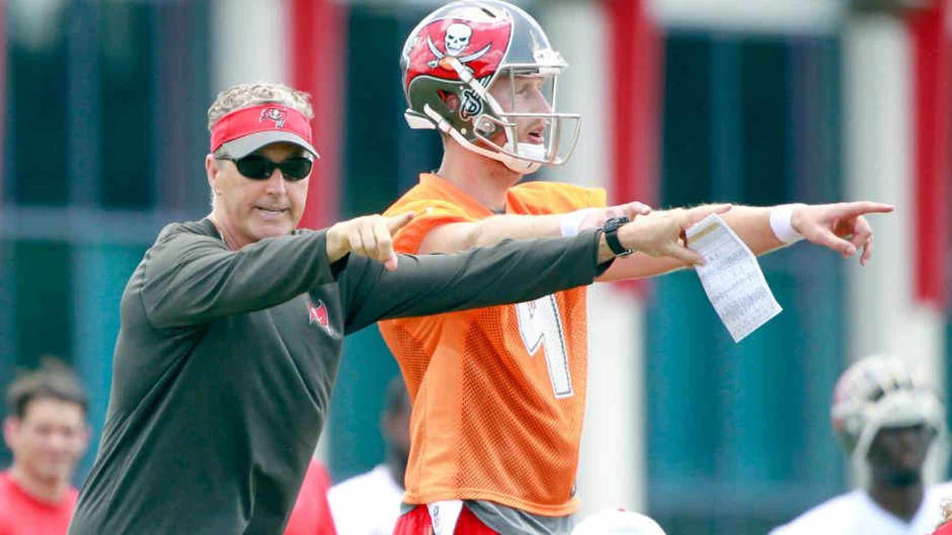 May 28, 2015; Tampa, FL, USA; Tampa Bay Buccaneers offensive coordinator Dirk Koetter and quarterback Seth Lobato (4) work out at One Buc Place. Mandatory Credit: Kim Klement-USA TODAY Sports